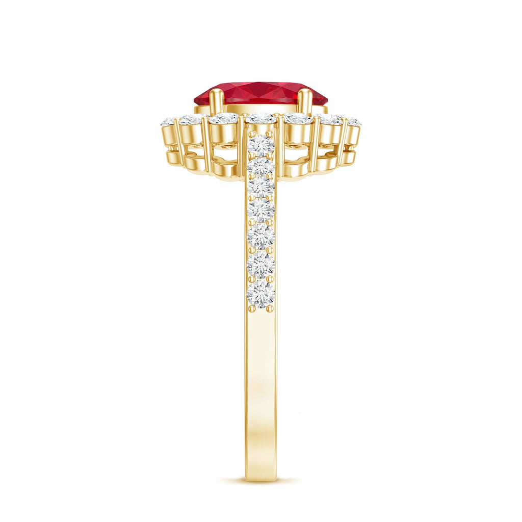 1.5 Carat Oval Cut Created Ruby Engagement Ring with Moissanite Halo