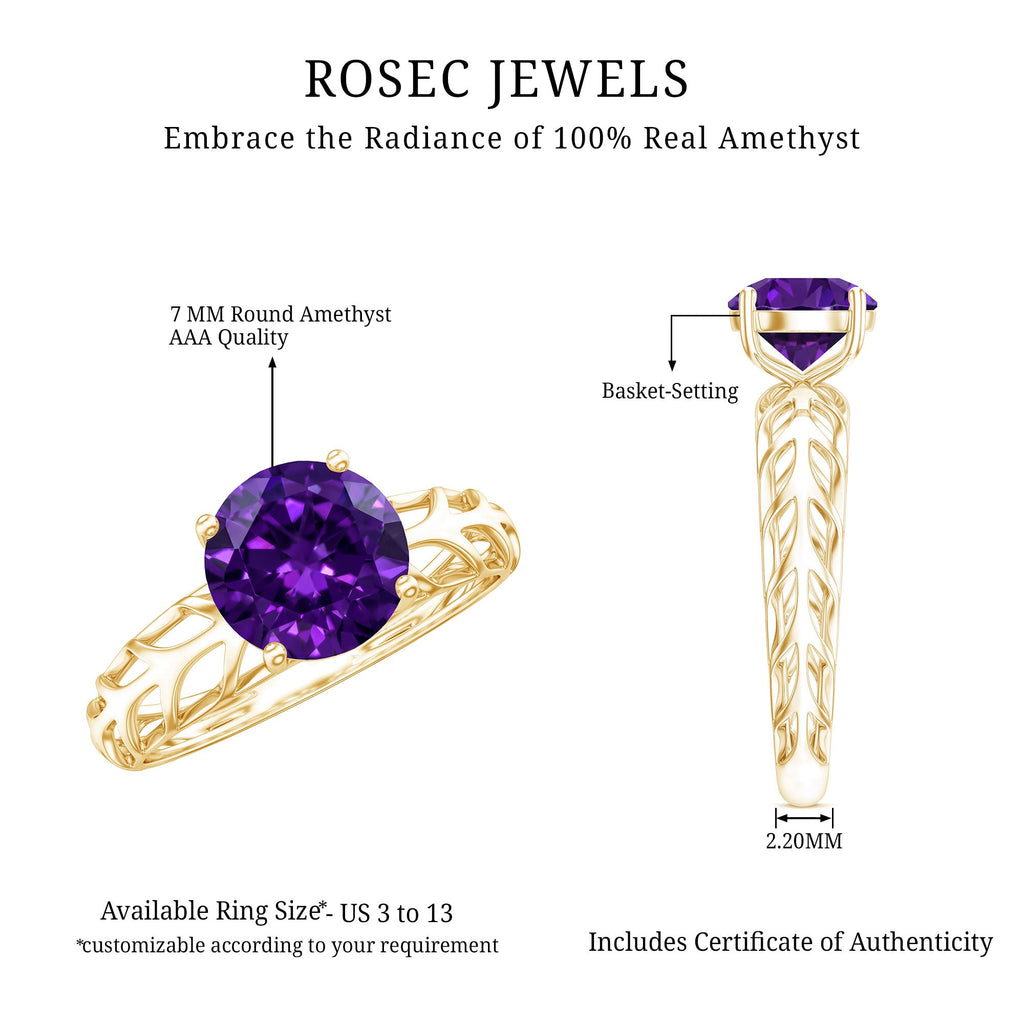 1.2 Carat Round Amethyst Solitaire Engagement Ring with Filigree Details