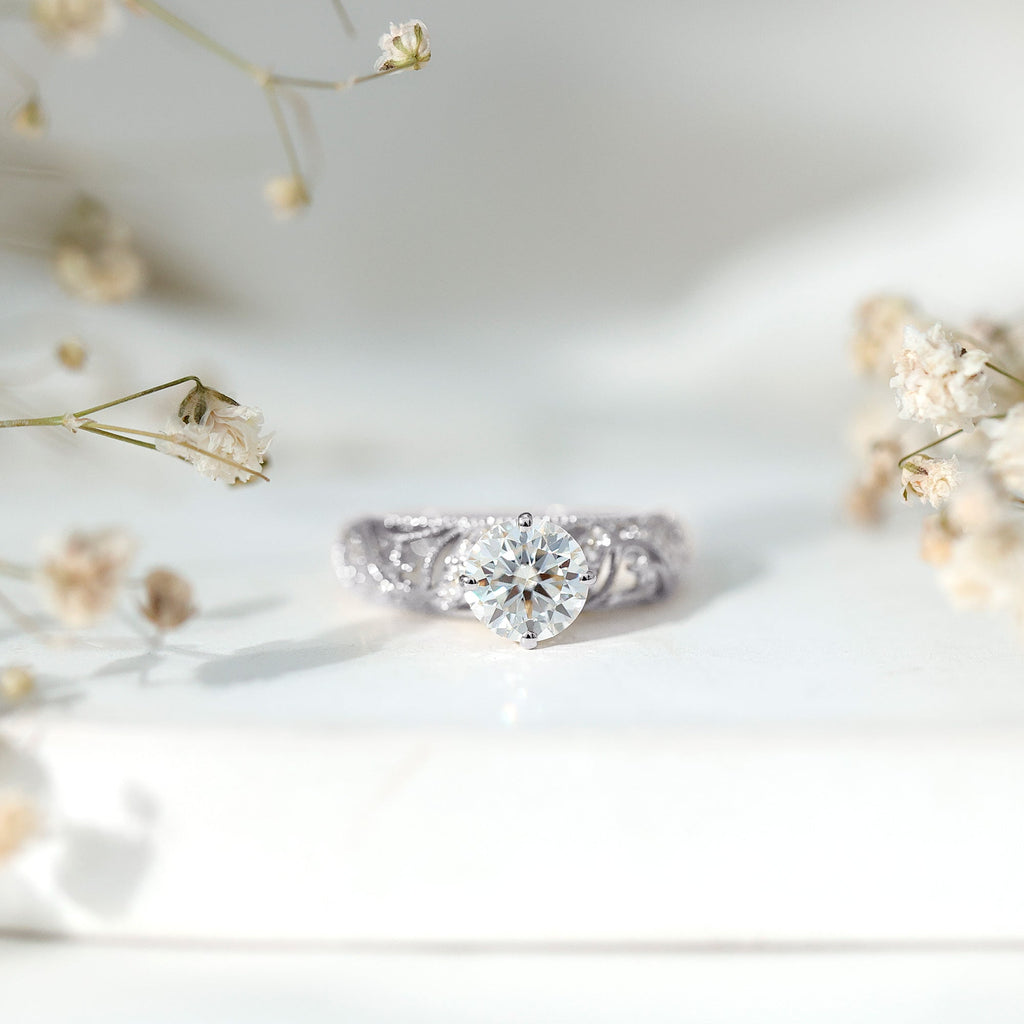 Round Cut Moissanite Vintage Engagement Ring With Diagonal Prongs