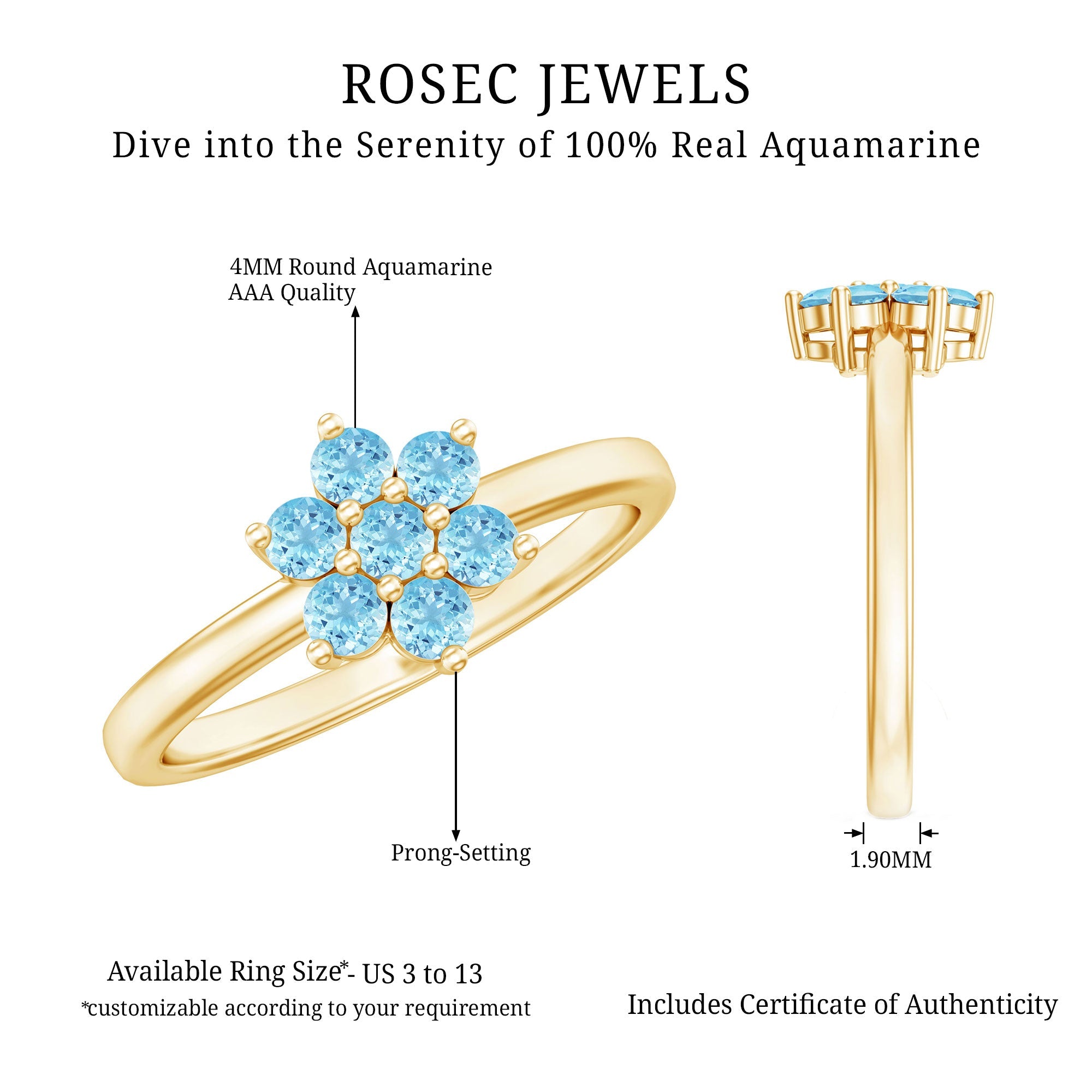 Real Aquamarine Flower Cluster Ring for Women