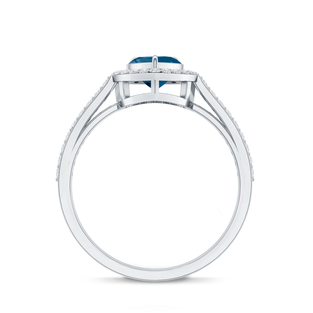 Heart Shaped London Blue Topaz Engagement Ring with Diamond Halo