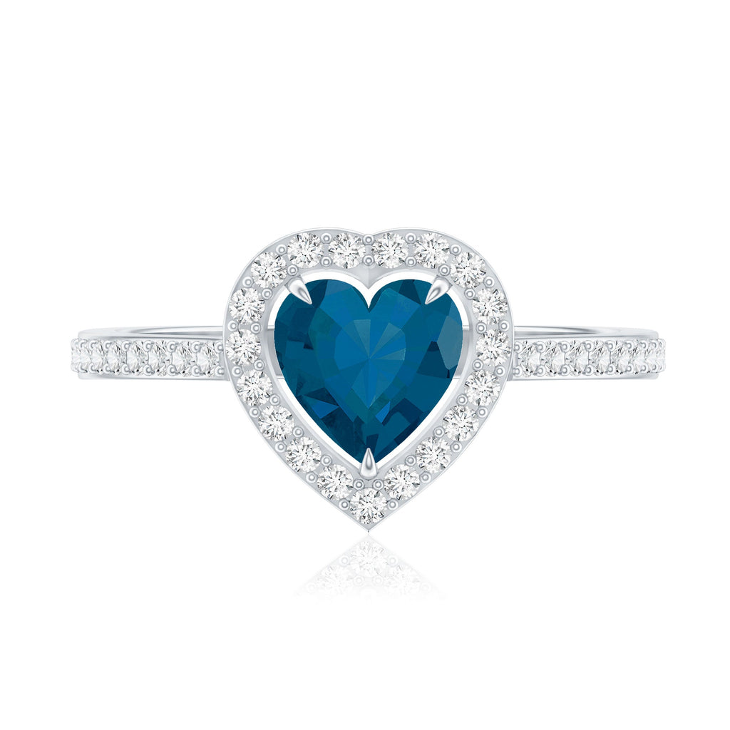 Heart Shaped London Blue Topaz Engagement Ring with Diamond Halo