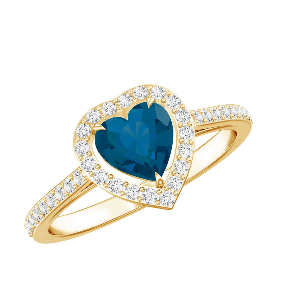 Heart Shaped London Blue Topaz Engagement Ring with Diamond Halo