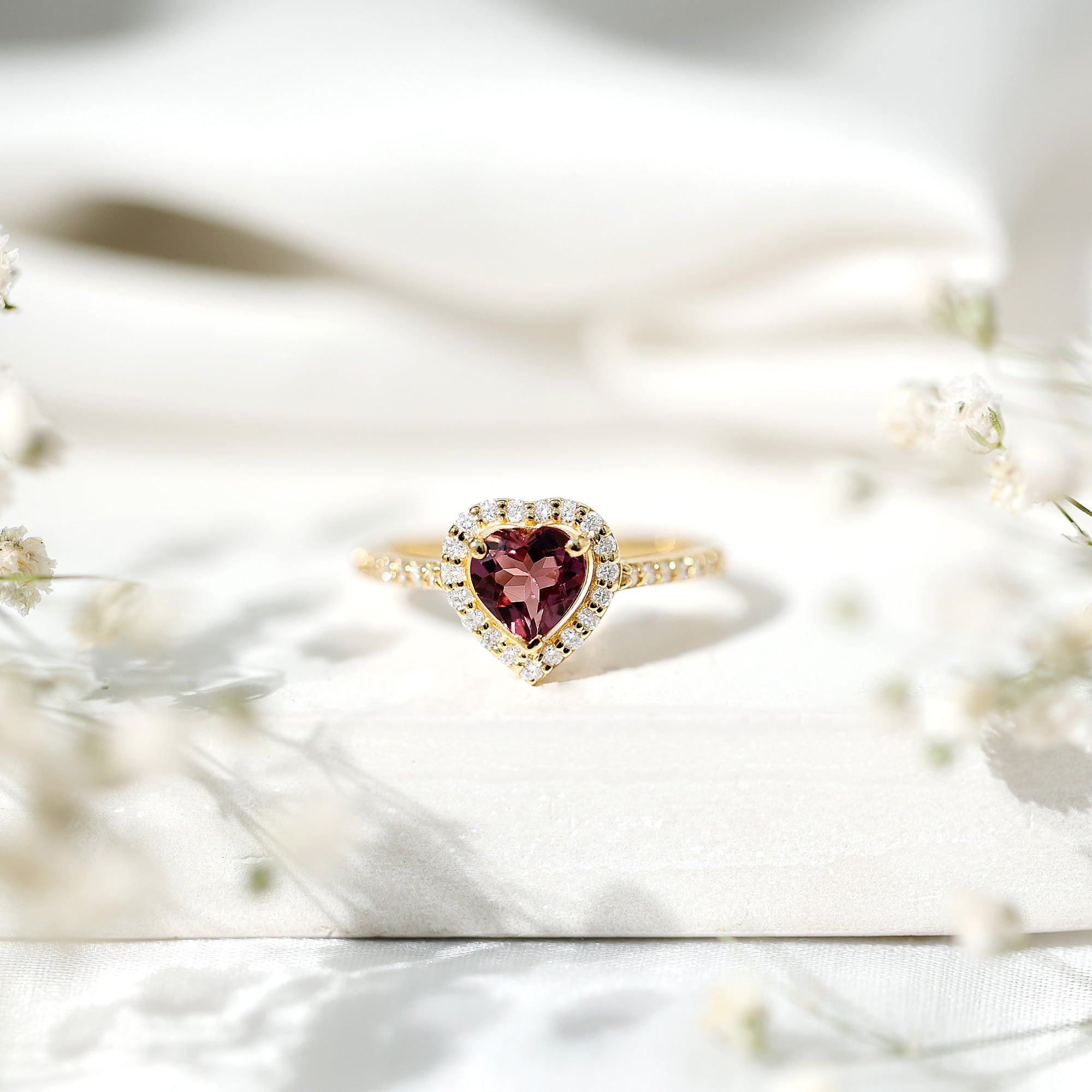 Heart Shape Pink Tourmaline Engagement Ring with Diamond Halo