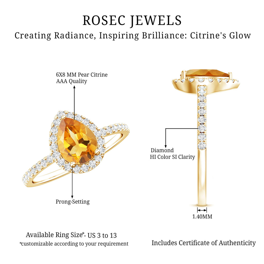 1 Carat Natural Pear Shape Citrine Engagement Ring with Diamond Halo