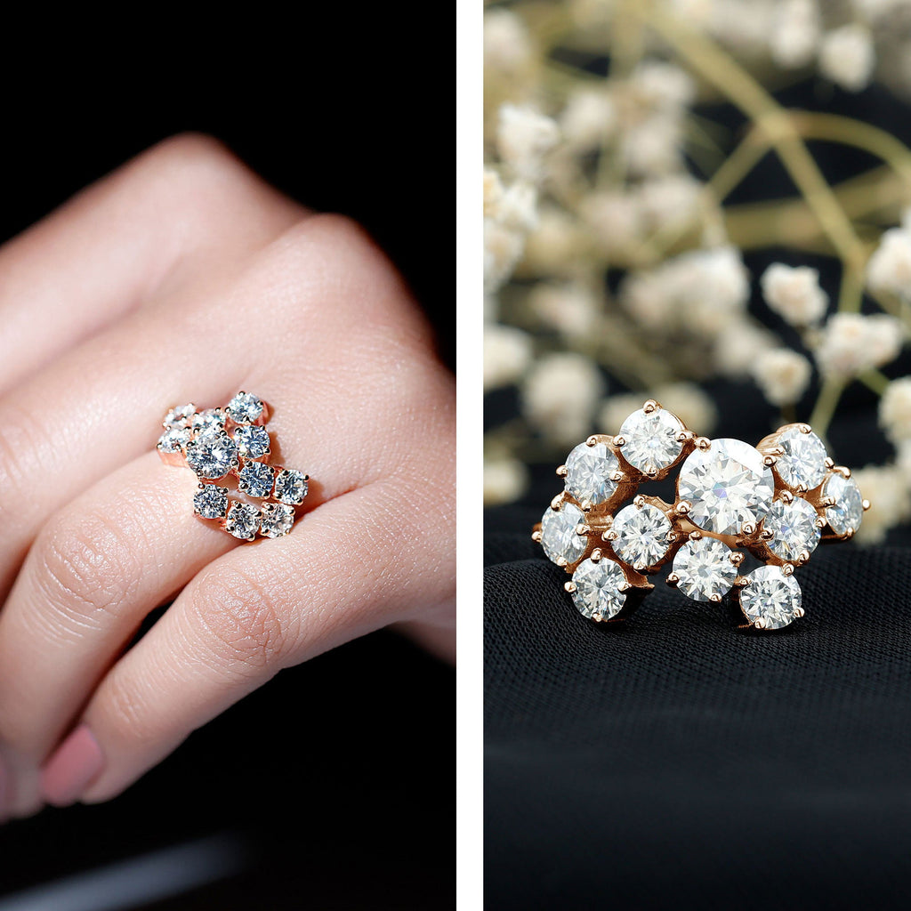 Certified Round Moissanite Cluster Engagement Ring for Women