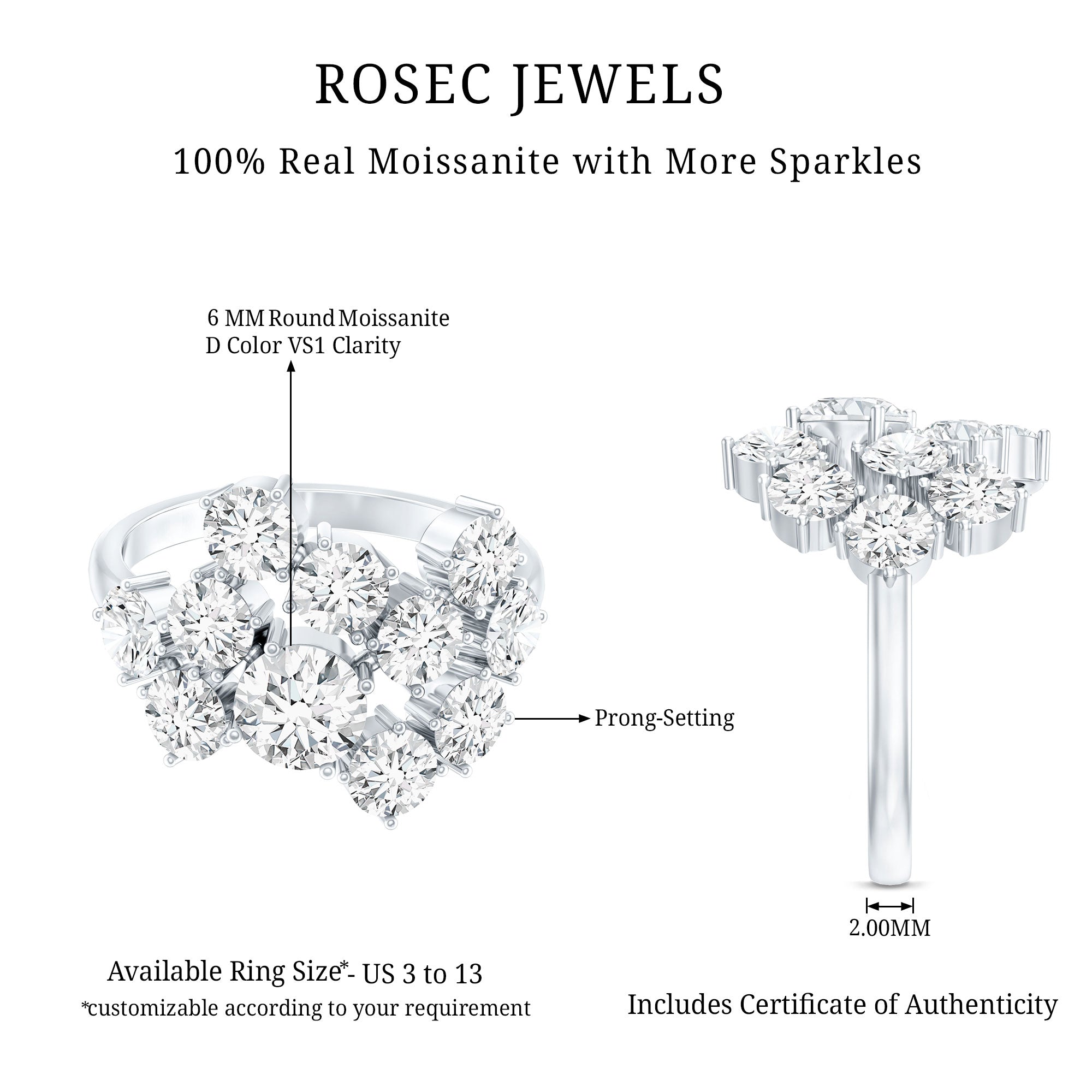 Certified Round Moissanite Cluster Engagement Ring for Women