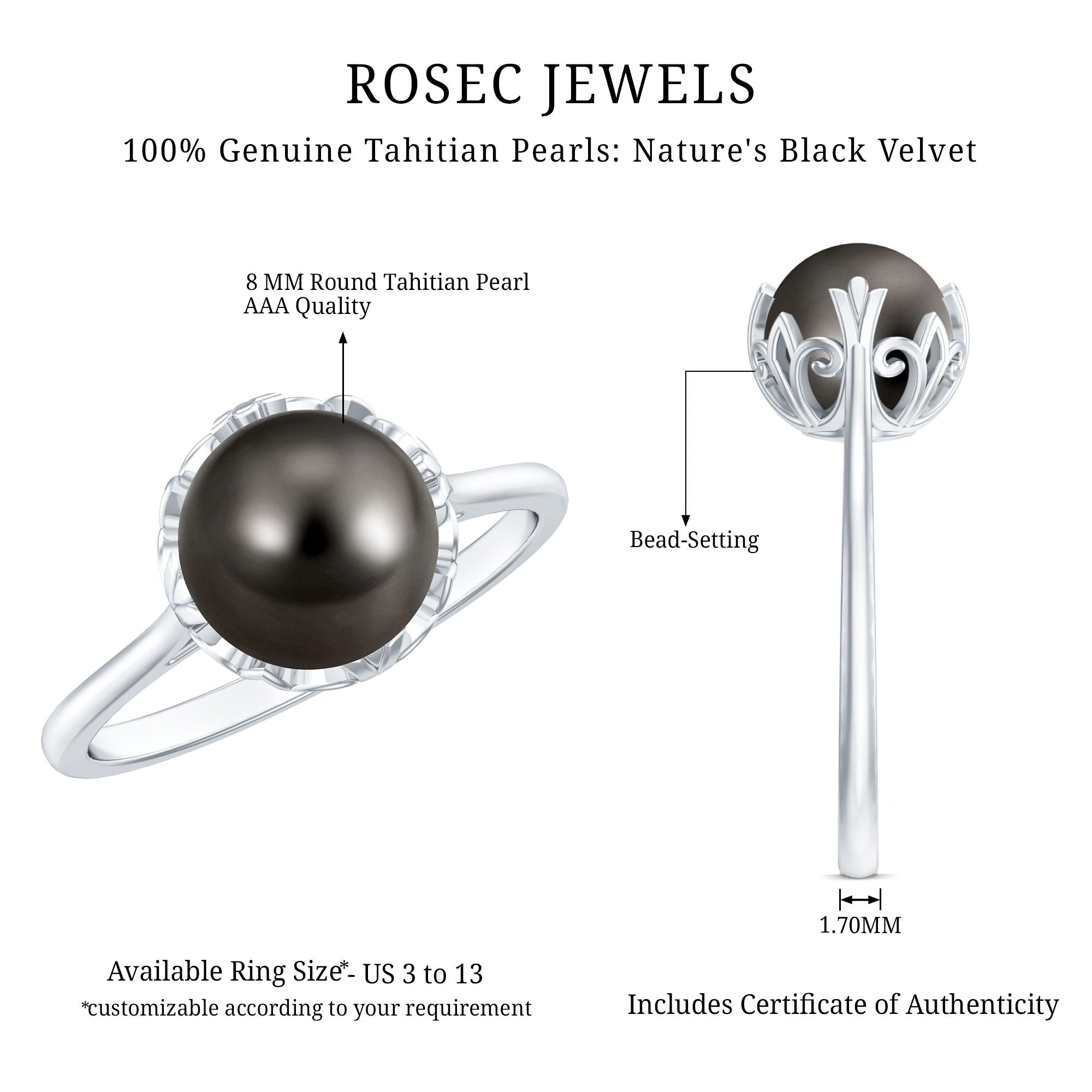 Handpicked Genuine Black Tahitian Pearl Engagement Ring