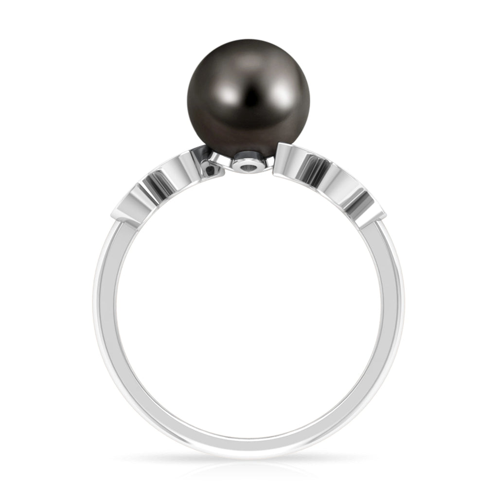 Tahitian Black Pearl and Diamond Leaf Minimal Engagement Ring