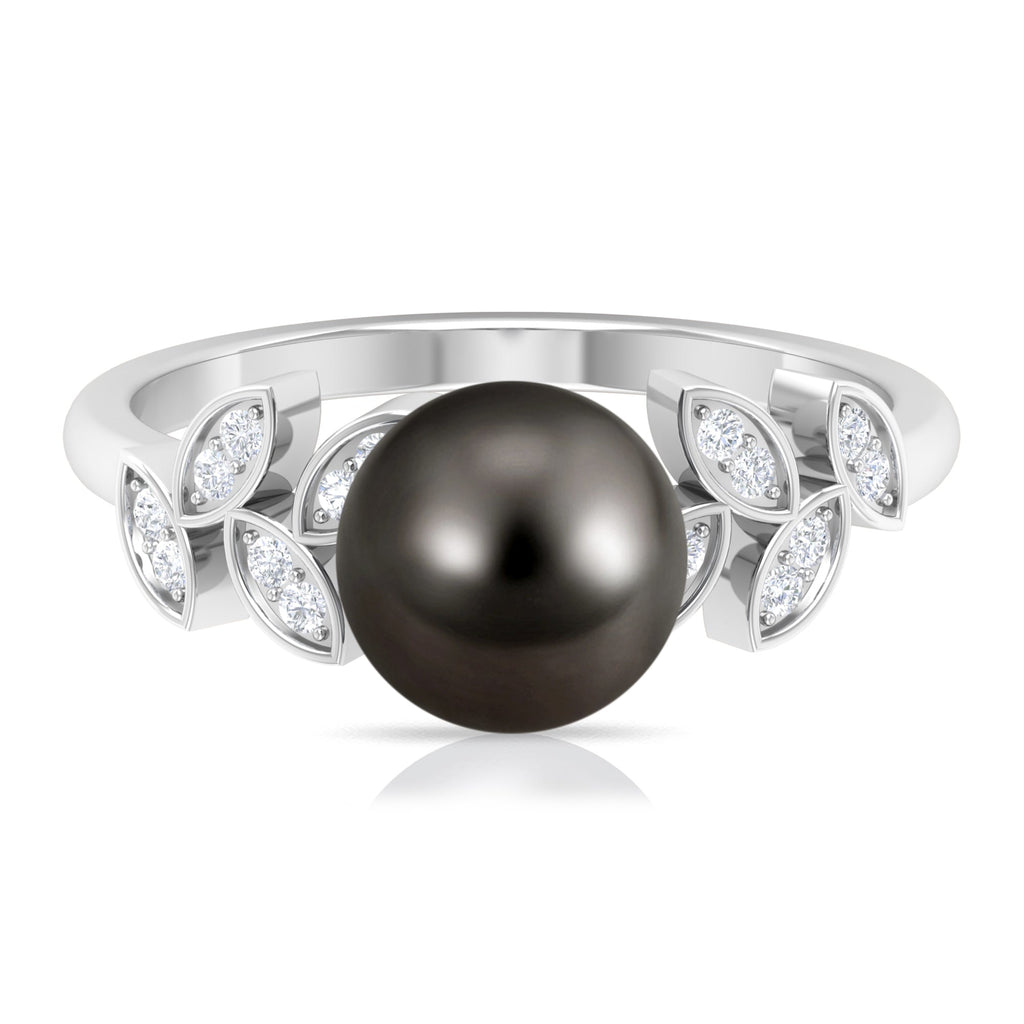 Tahitian Black Pearl and Diamond Leaf Minimal Engagement Ring