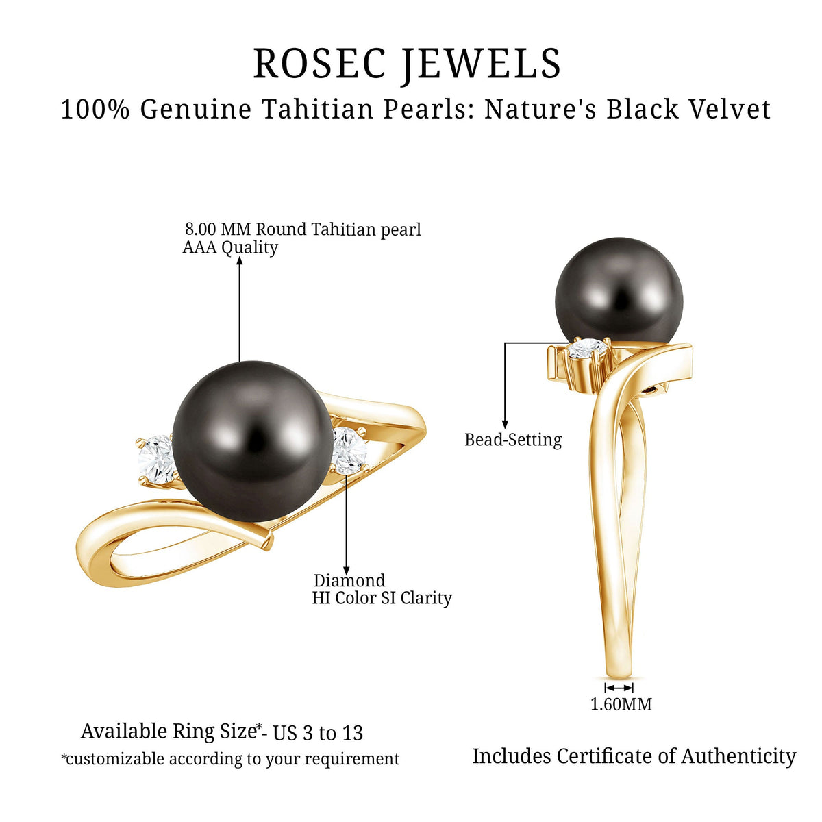 Natural Tahitian Black Pearl Diamond Vintage Engagement Ring