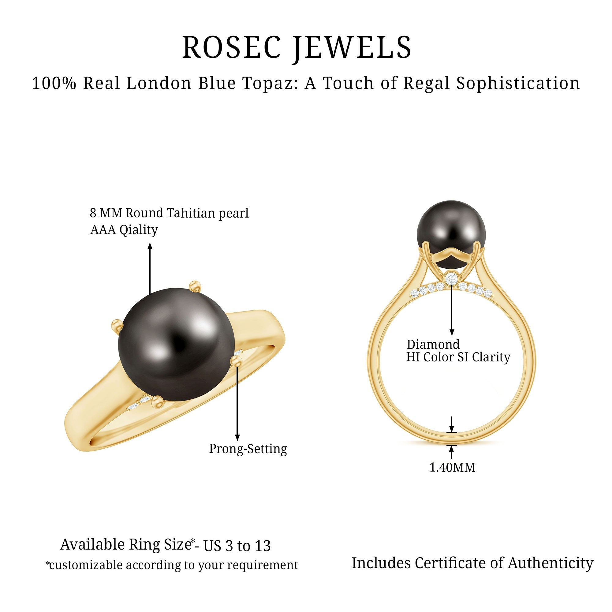 7.5 CT Classic Tahitian Pearl Solitaire Ring with Surprise Diamond