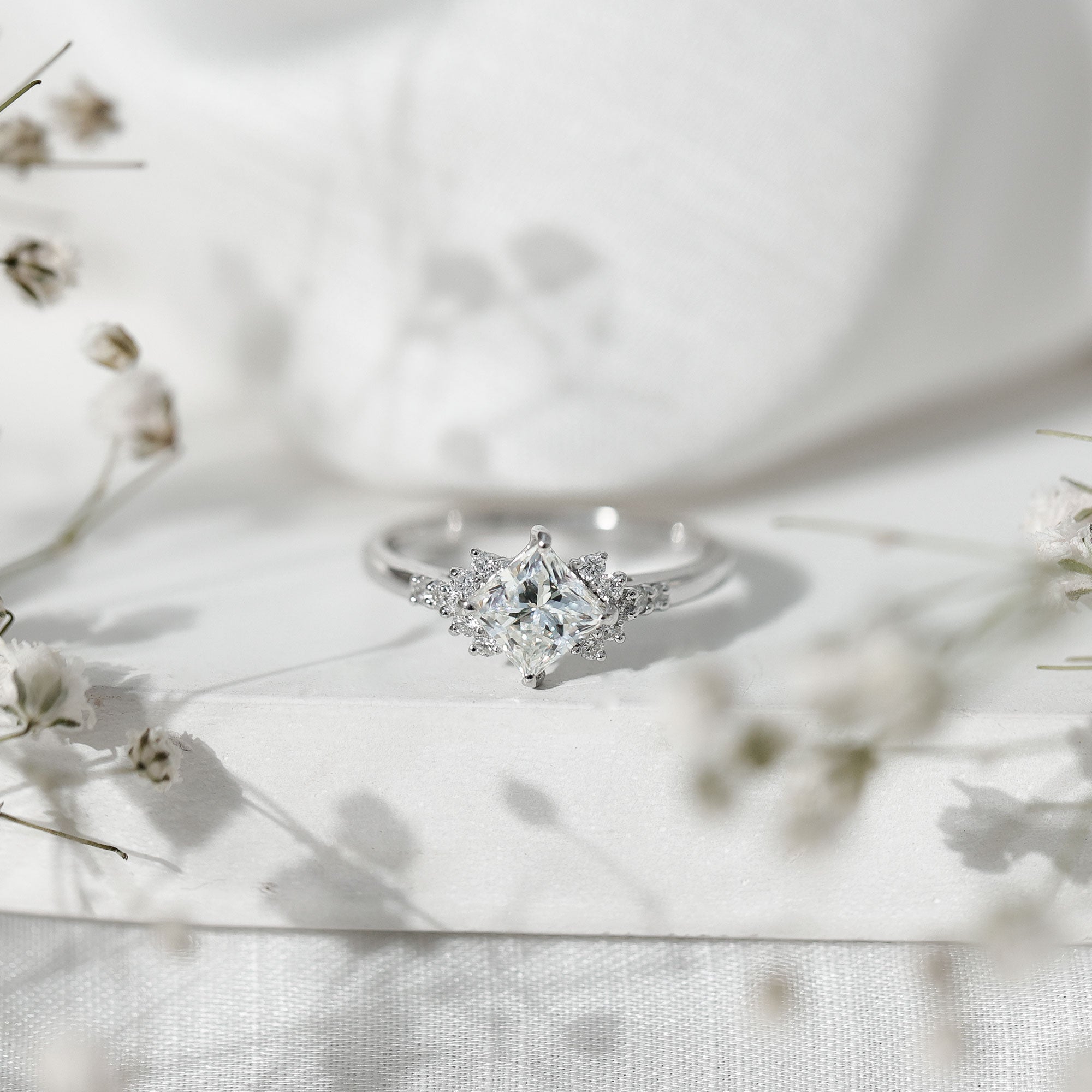 Certified Moissanite Princess Cut Engagement Ring in Prong Setting