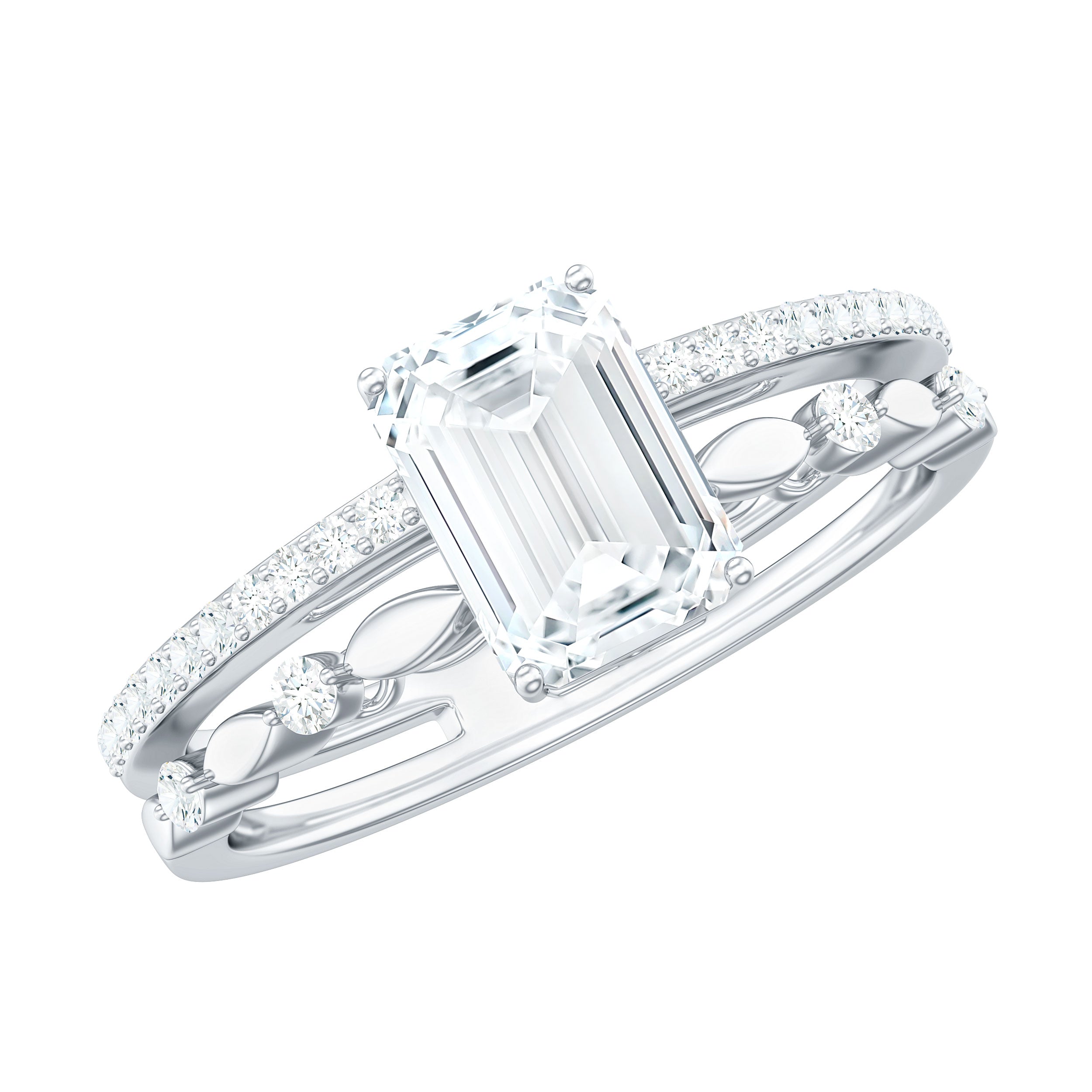 1.8 Carat Emerald Cut Moissanite Solitaire Engagement Double Band Ring