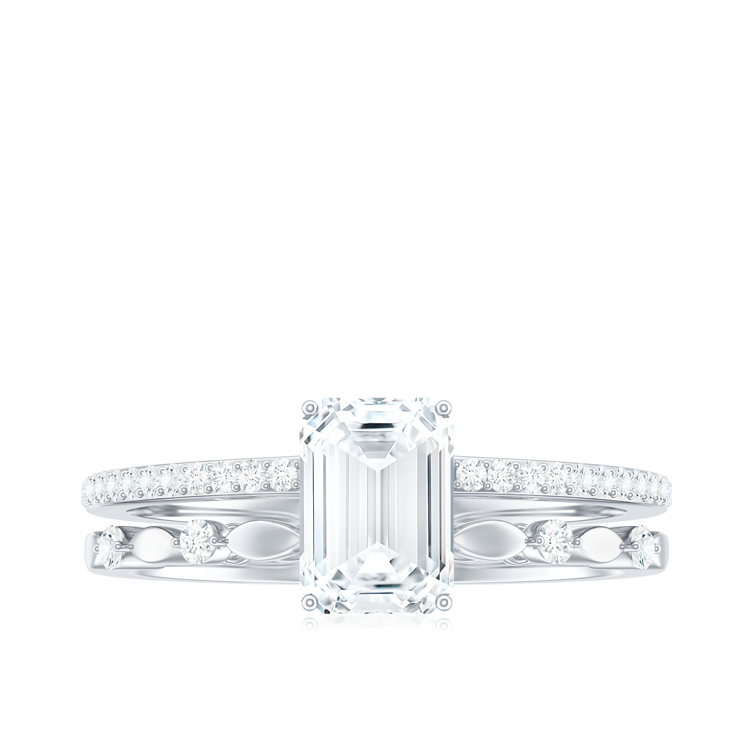 1.8 Carat Emerald Cut Moissanite Solitaire Engagement Double Band Ring