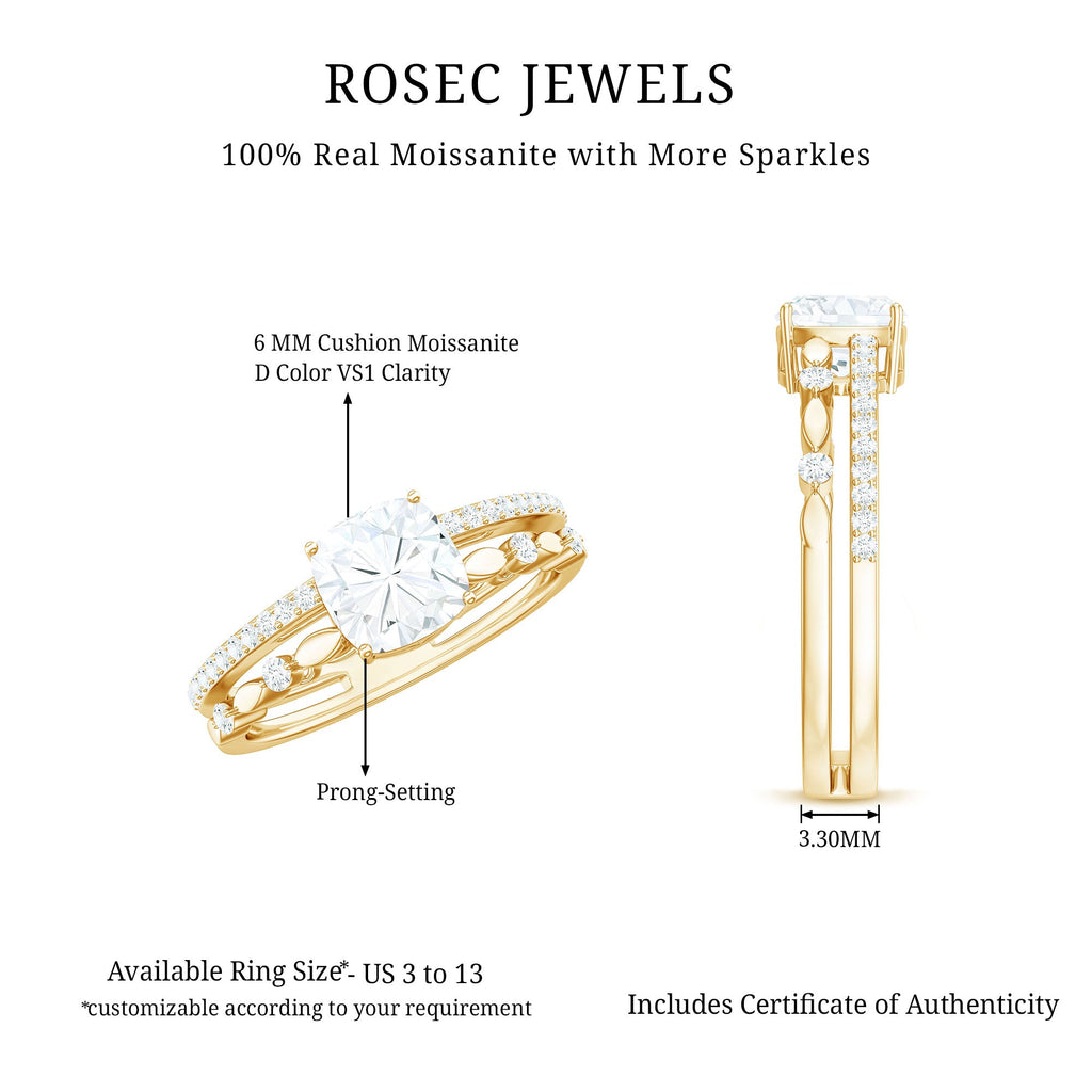1.7 Carat Cushion Cut Moissanite Solitaire Double Band Engagement Ring
