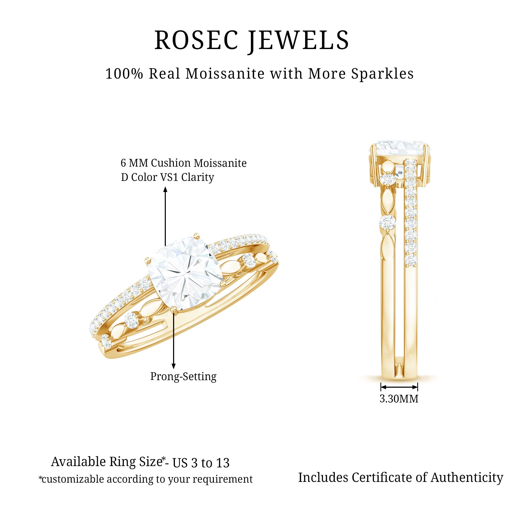 1.7 Carat Cushion Cut Moissanite Solitaire Double Band Engagement Ring