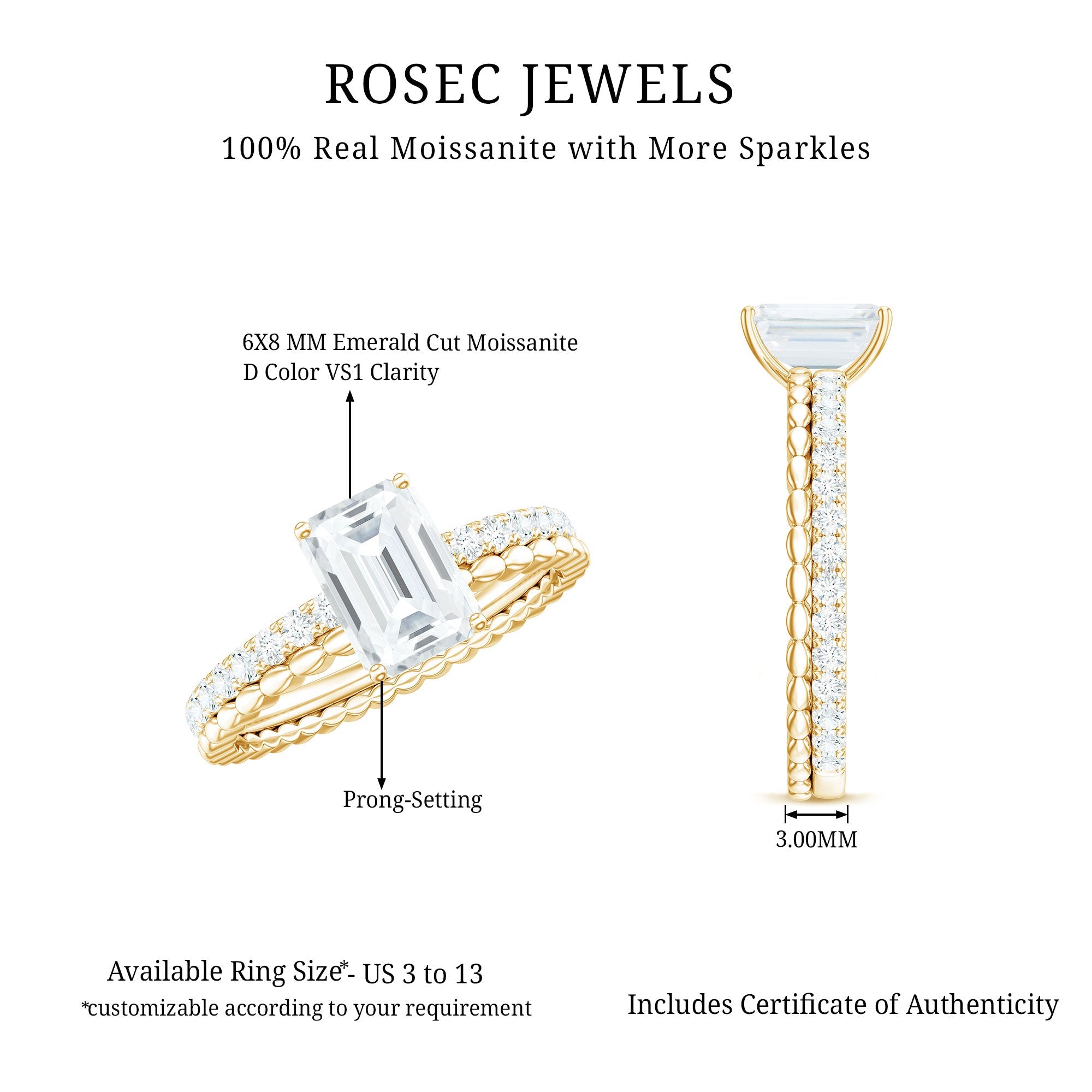 Certified 1.8 Carat Emerald Cut Moissanite Solitaire Engagement Ring