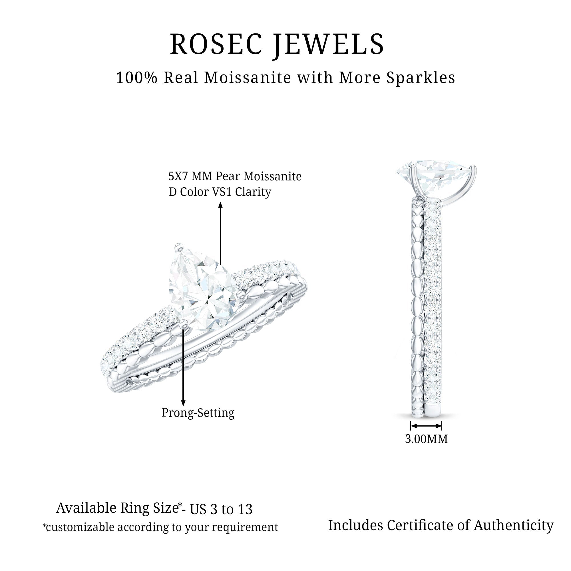 0.7 Carat Pear Cut Moissanite Solitaire Engagement Ring
