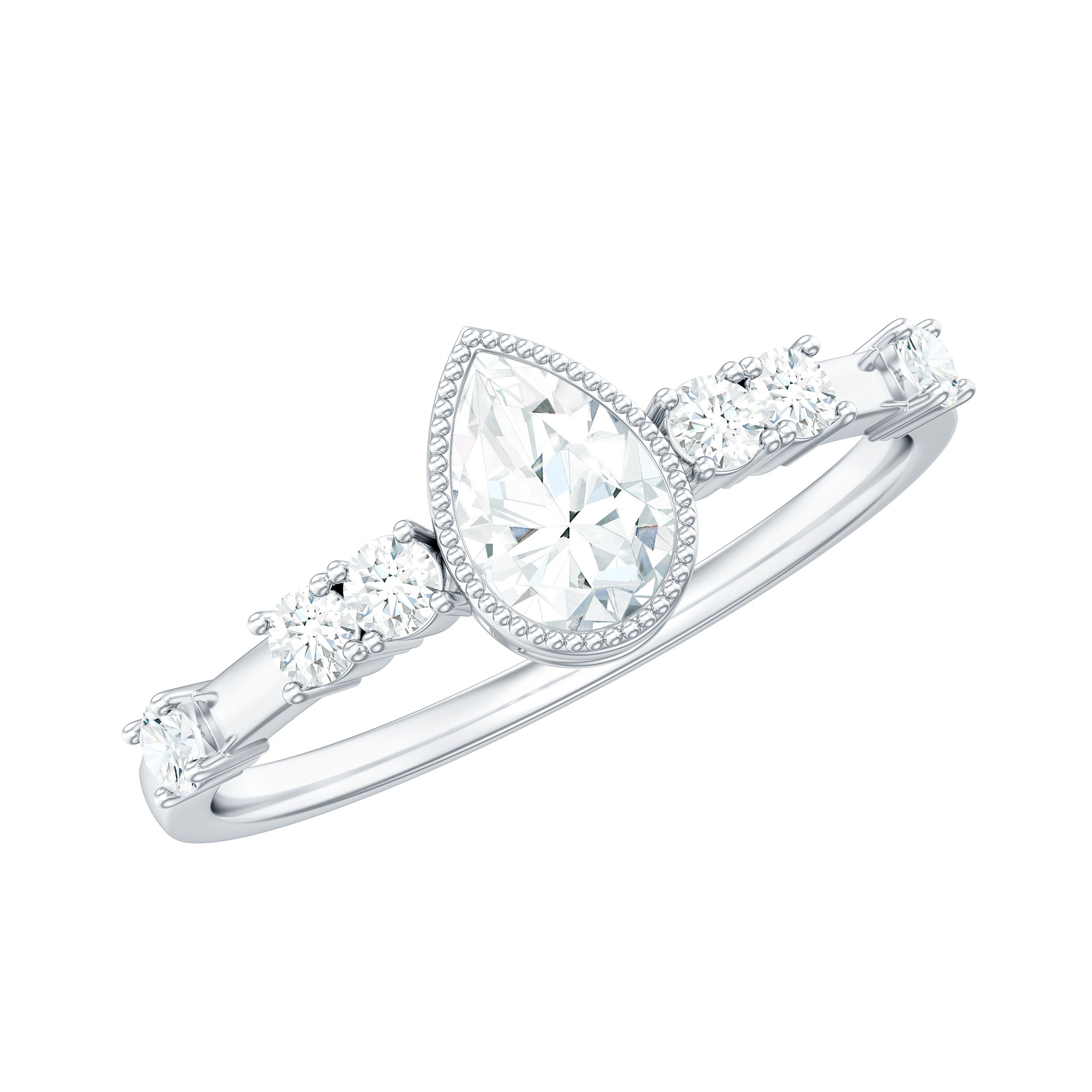0.7 Carat Pear Cut Moissanite Solitaire Engagement Ring with Beaded Details