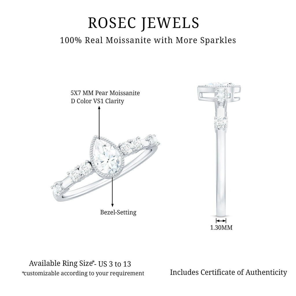 0.7 Carat Pear Cut Moissanite Solitaire Engagement Ring with Beaded Details