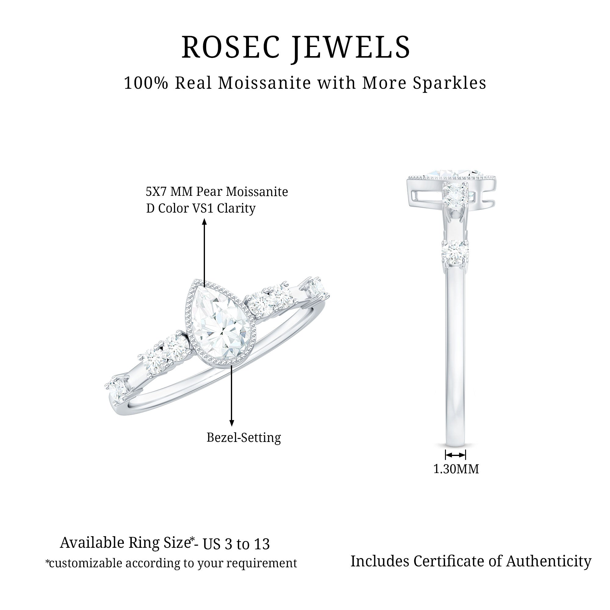0.7 Carat Pear Cut Moissanite Solitaire Engagement Ring with Beaded Details