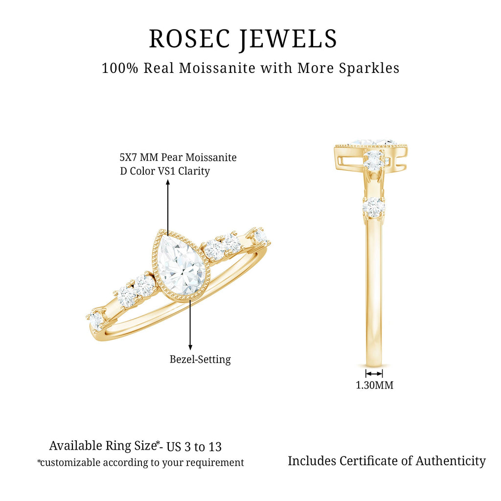 0.7 Carat Pear Cut Moissanite Solitaire Engagement Ring with Beaded Details
