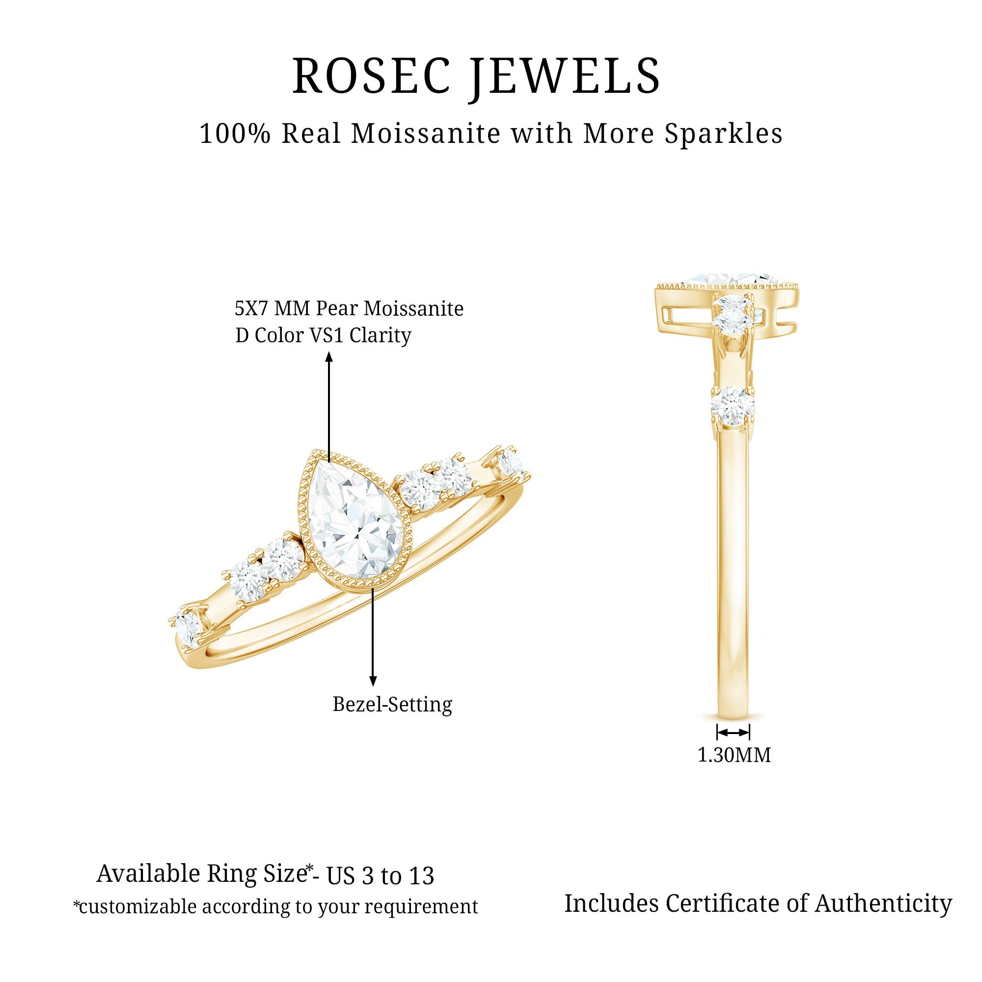 0.7 Carat Pear Cut Moissanite Solitaire Engagement Ring with Beaded Details