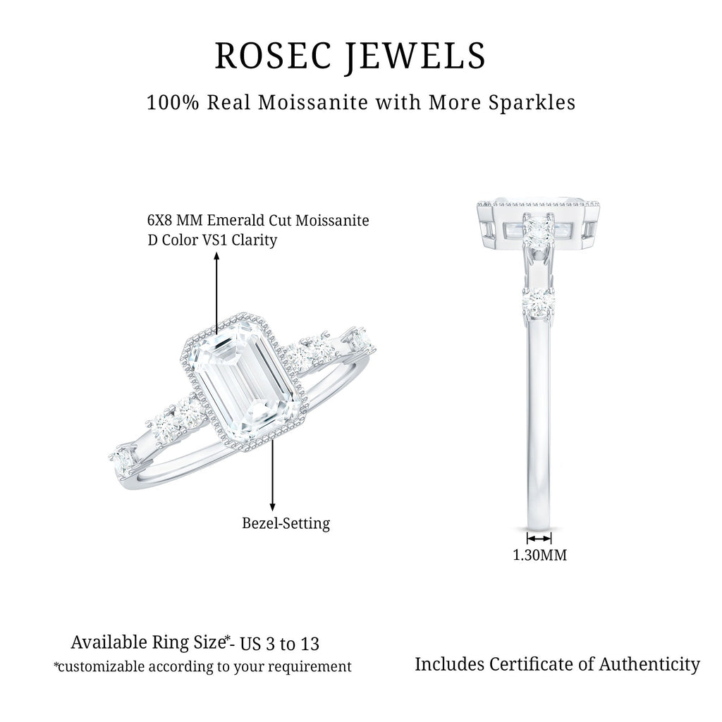 Womens Moissanite 1.8 Carat Emerald Cut Engagement Ring in Bezel Setting