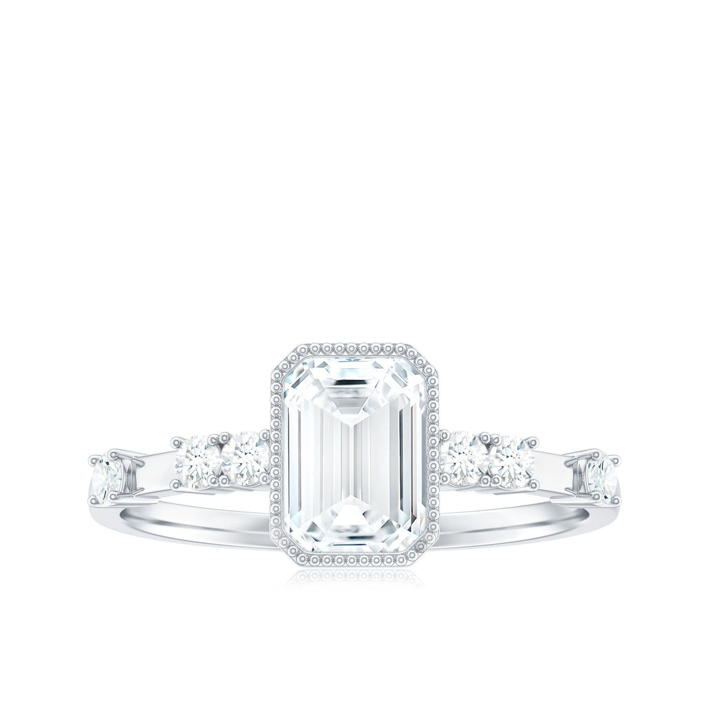 Womens Moissanite 1.8 Carat Emerald Cut Engagement Ring in Bezel Setting