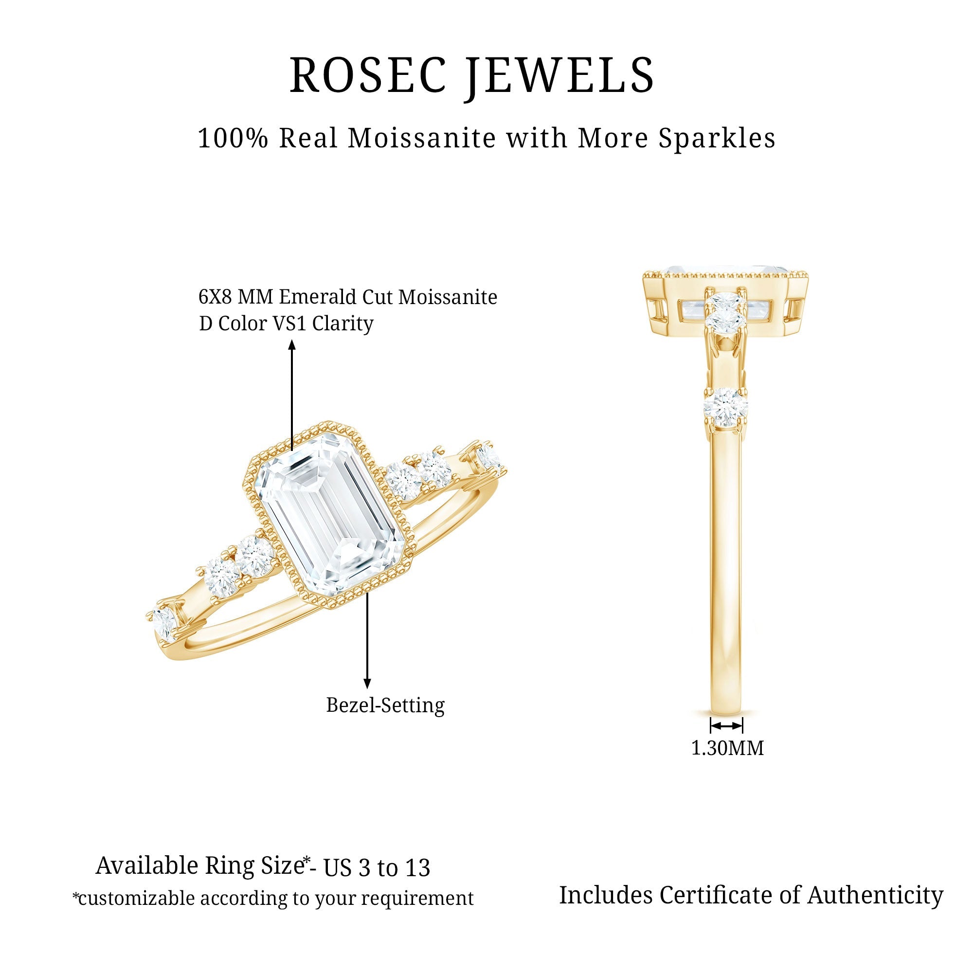 Womens Moissanite 1.8 Carat Emerald Cut Engagement Ring in Bezel Setting
