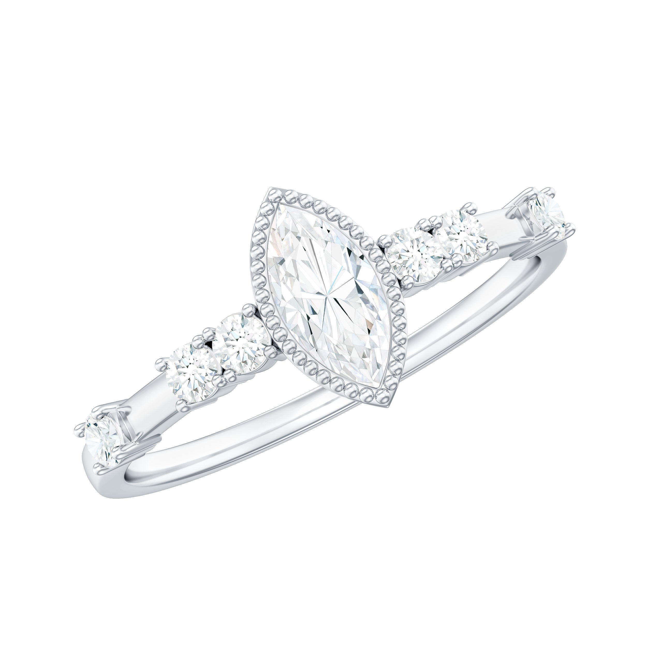 Marquise Cut Moissanite Beaded Solitaire Ring
