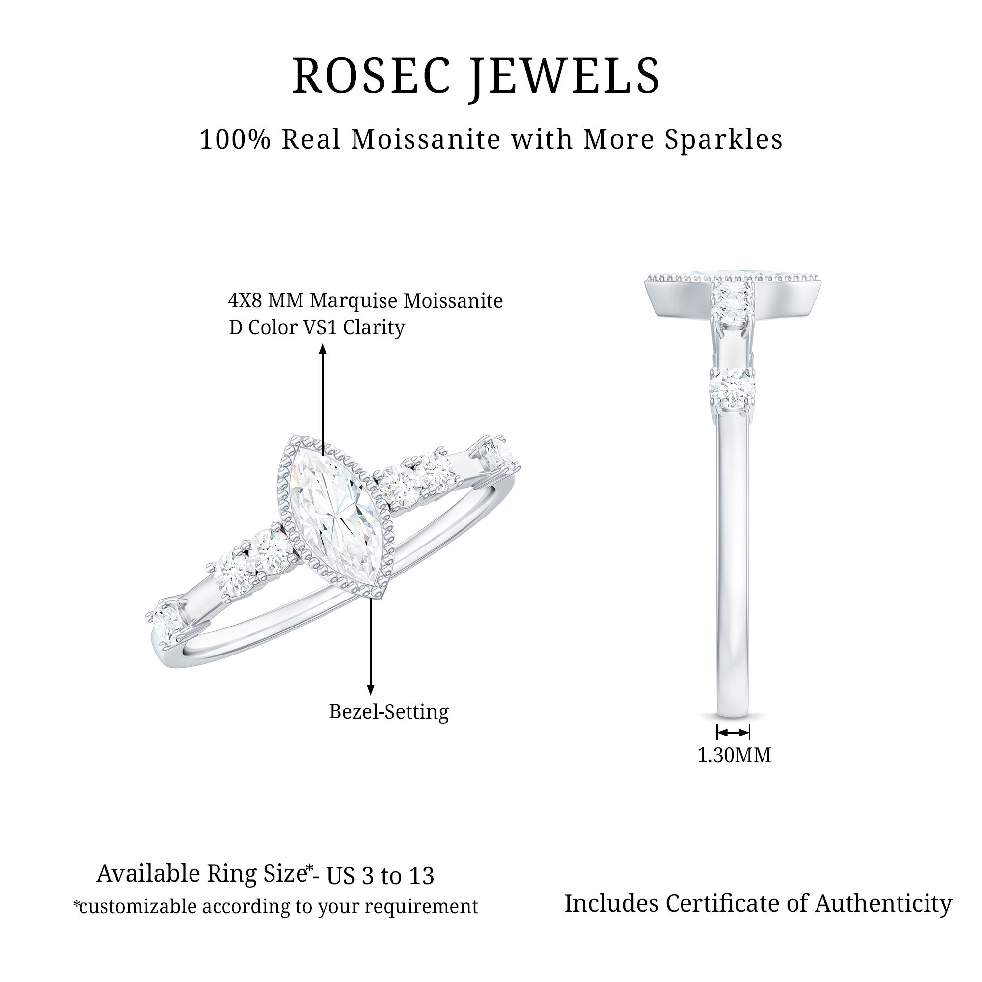 Marquise Cut Moissanite Beaded Solitaire Ring