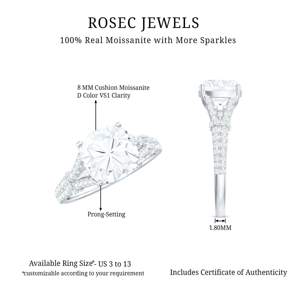 Cushion Cut Moissanite Solitaire Engagement Ring with Split Shank