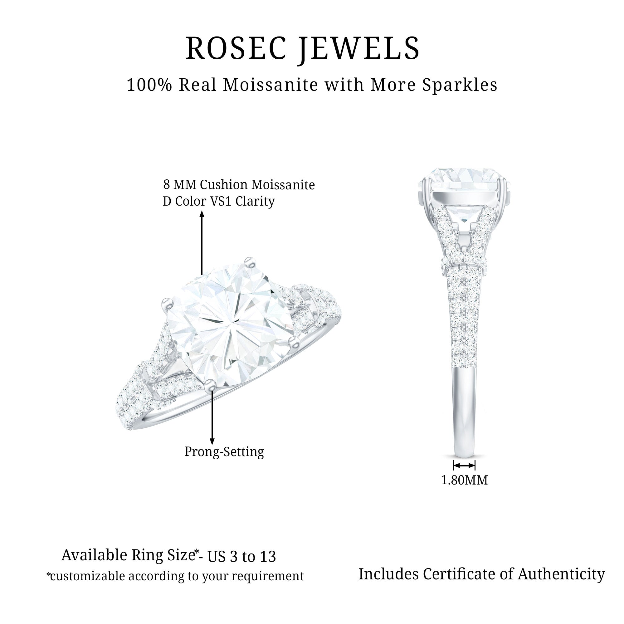 Cushion Cut Moissanite Solitaire Engagement Ring with Split Shank