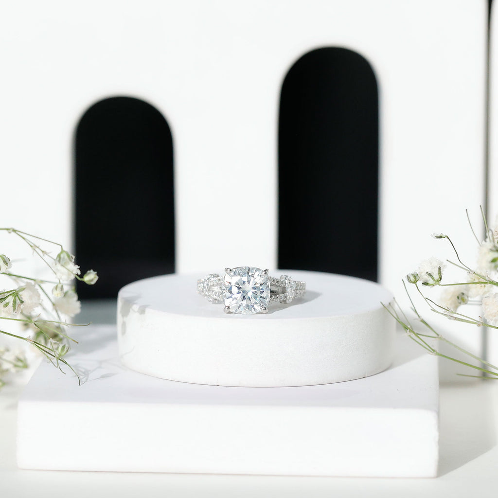 Cushion Cut Moissanite Solitaire Engagement Ring with Split Shank