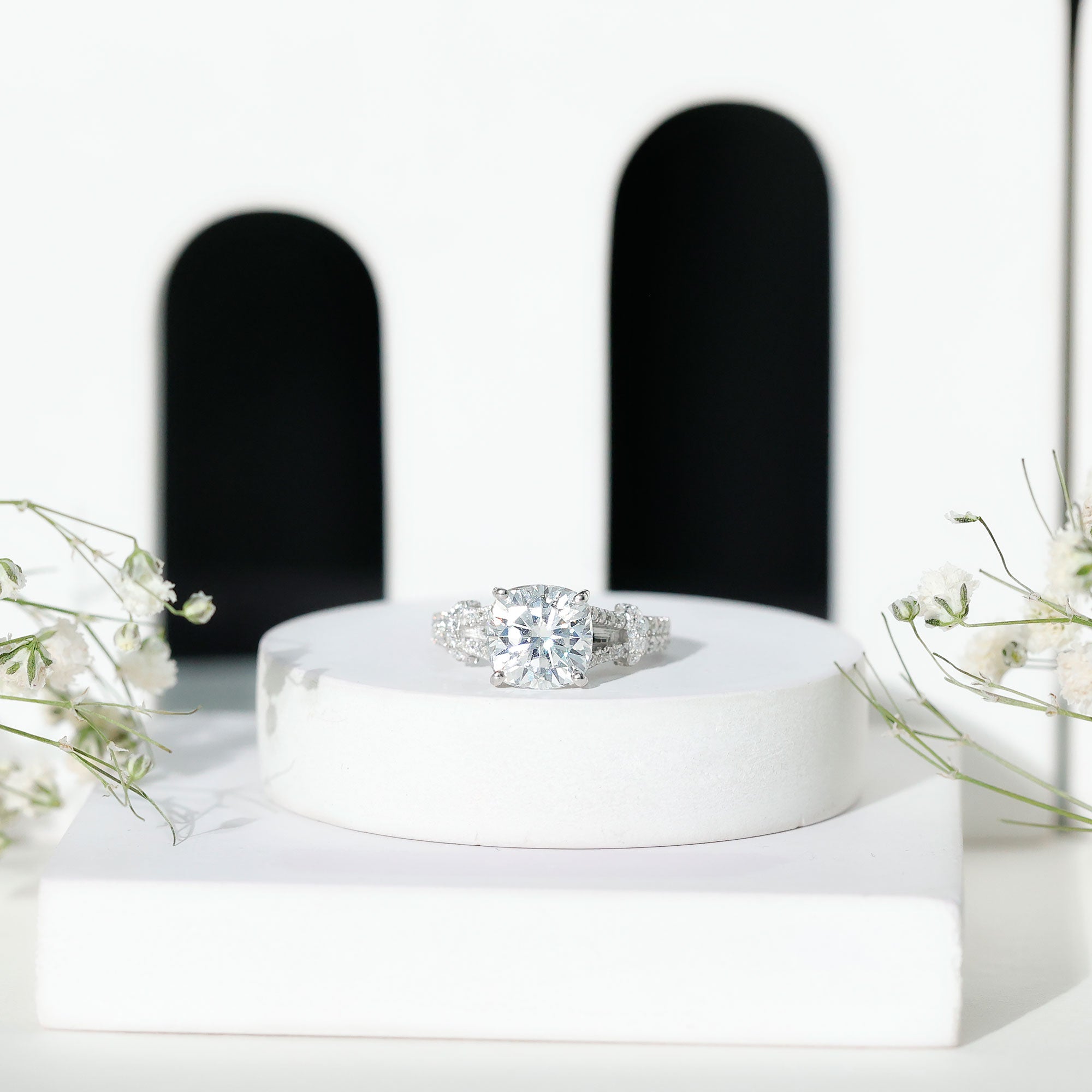 Cushion Cut Moissanite Solitaire Engagement Ring with Split Shank