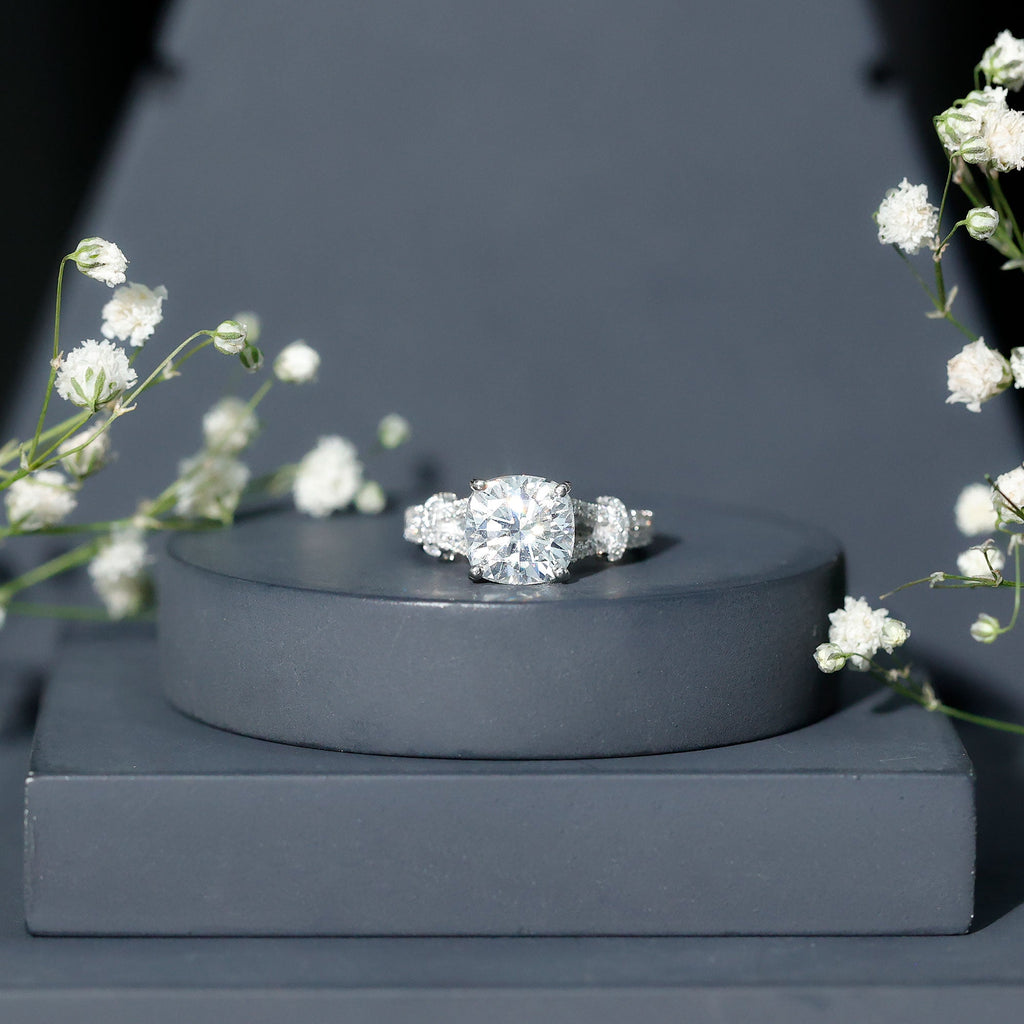 Cushion Cut Moissanite Solitaire Engagement Ring with Split Shank