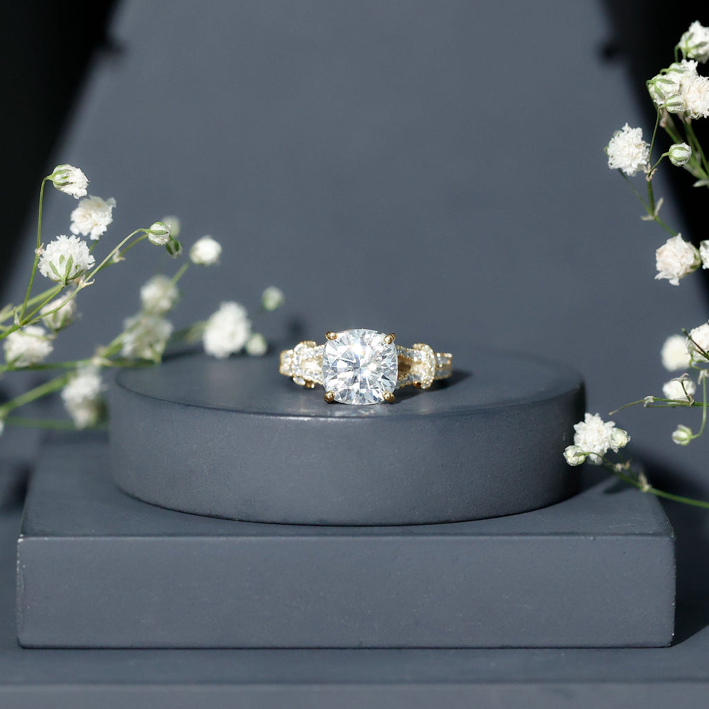 Cushion Cut Moissanite Solitaire Engagement Ring with Split Shank