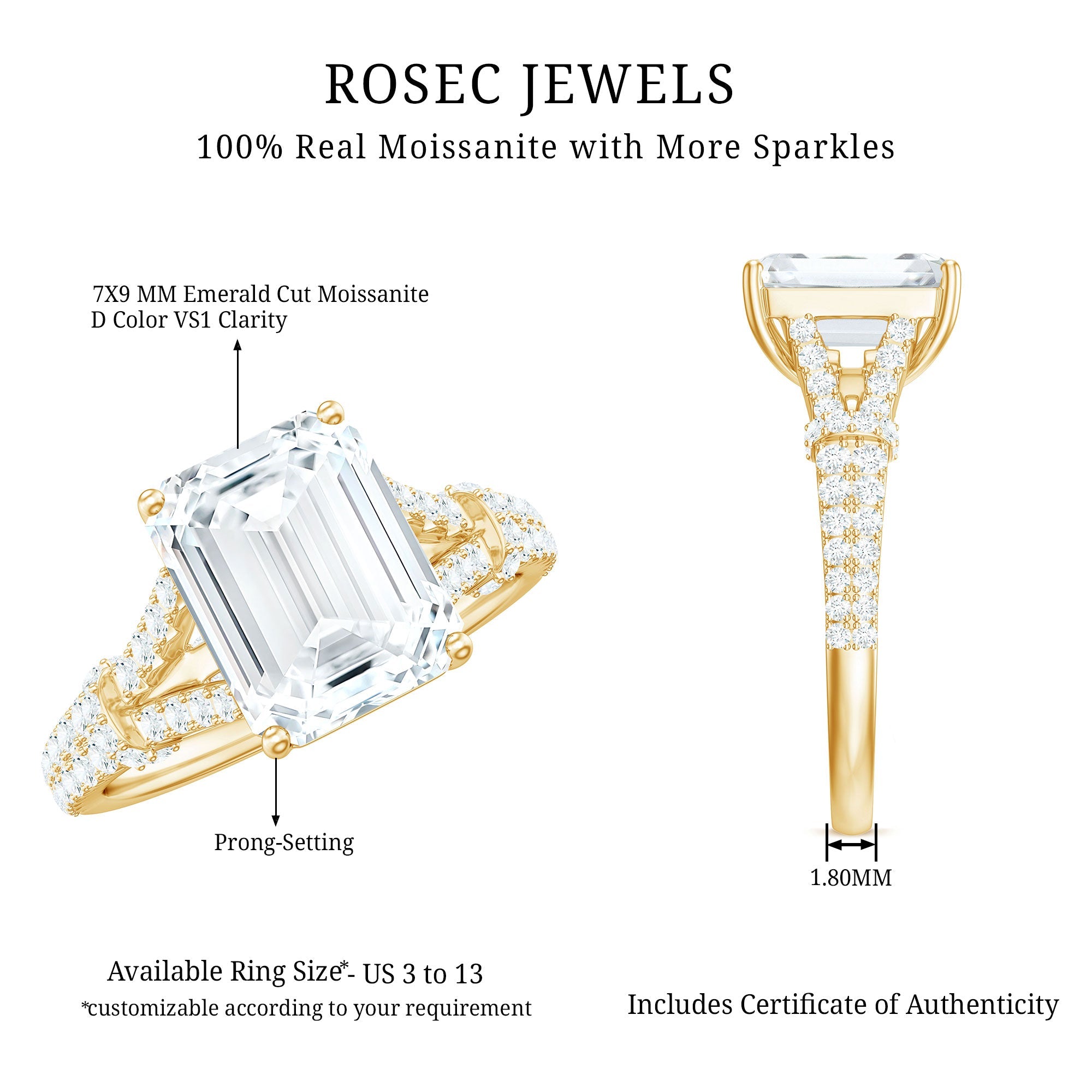 2.8 Carat Emerald Cut Moissanite Split Shank Engagement Ring for Women