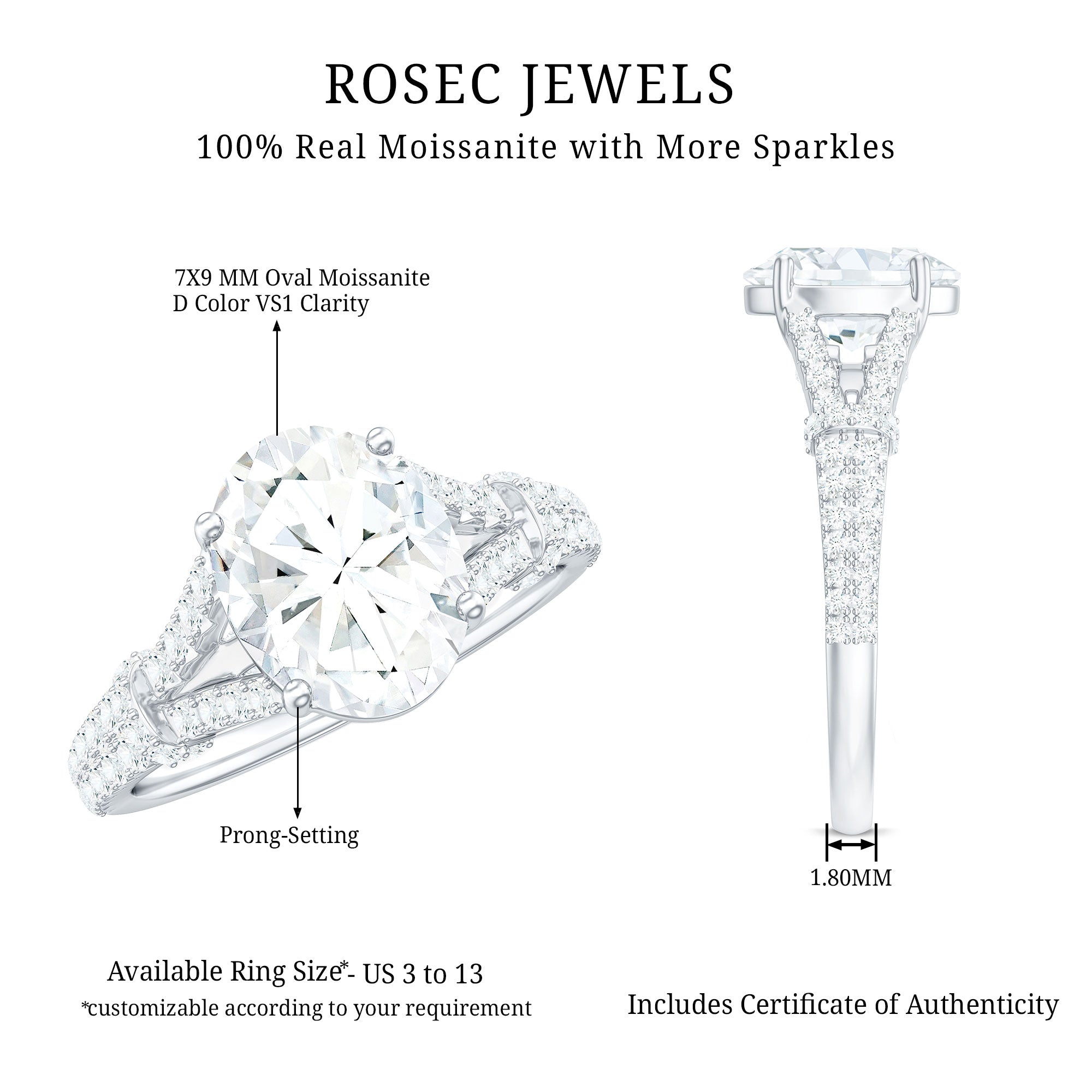 2 Carat Oval Cut Moissanite Statement Engagement Ring with Split Shank