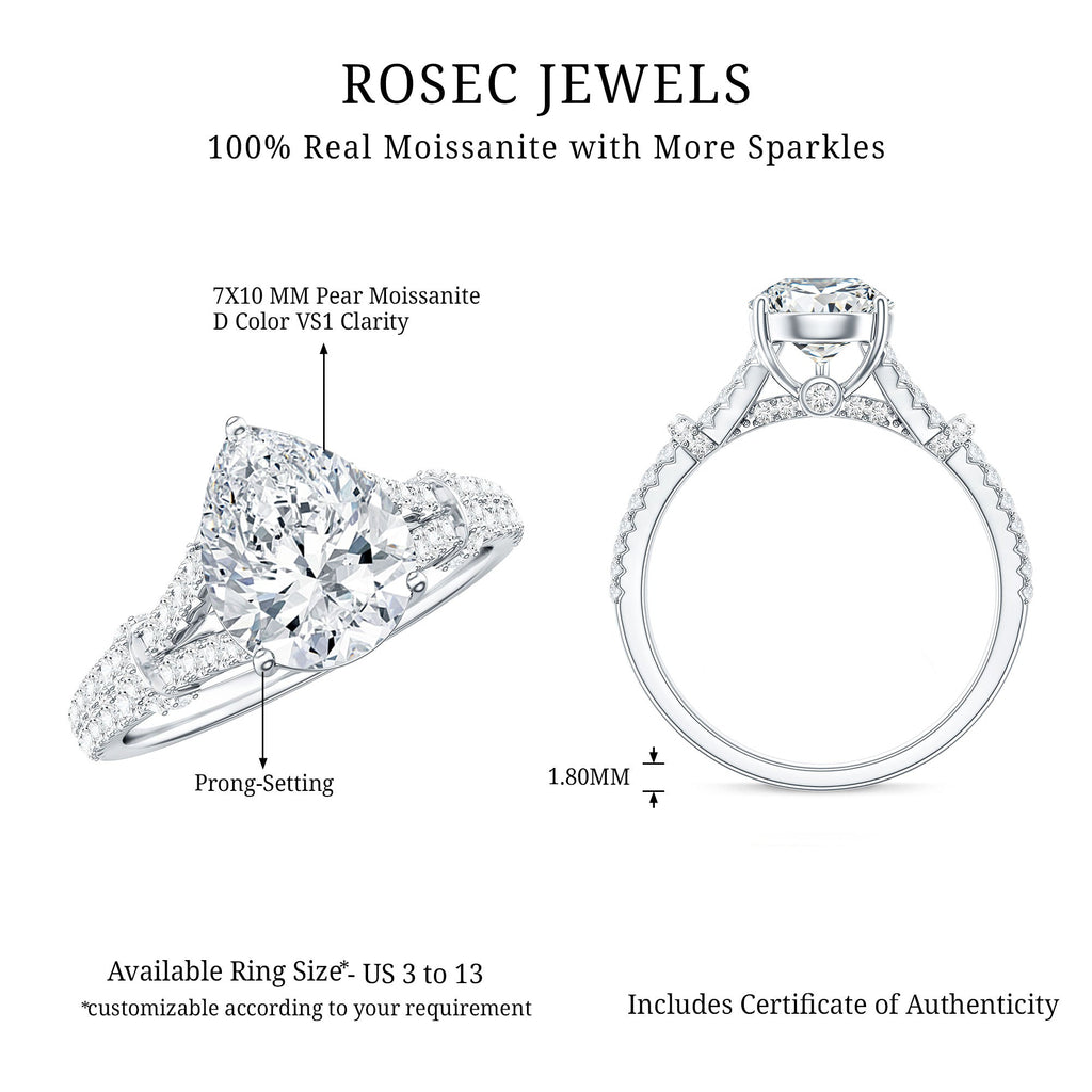 Pear Shaped Moissanite Solitaire Engagement Ring in Split Shank