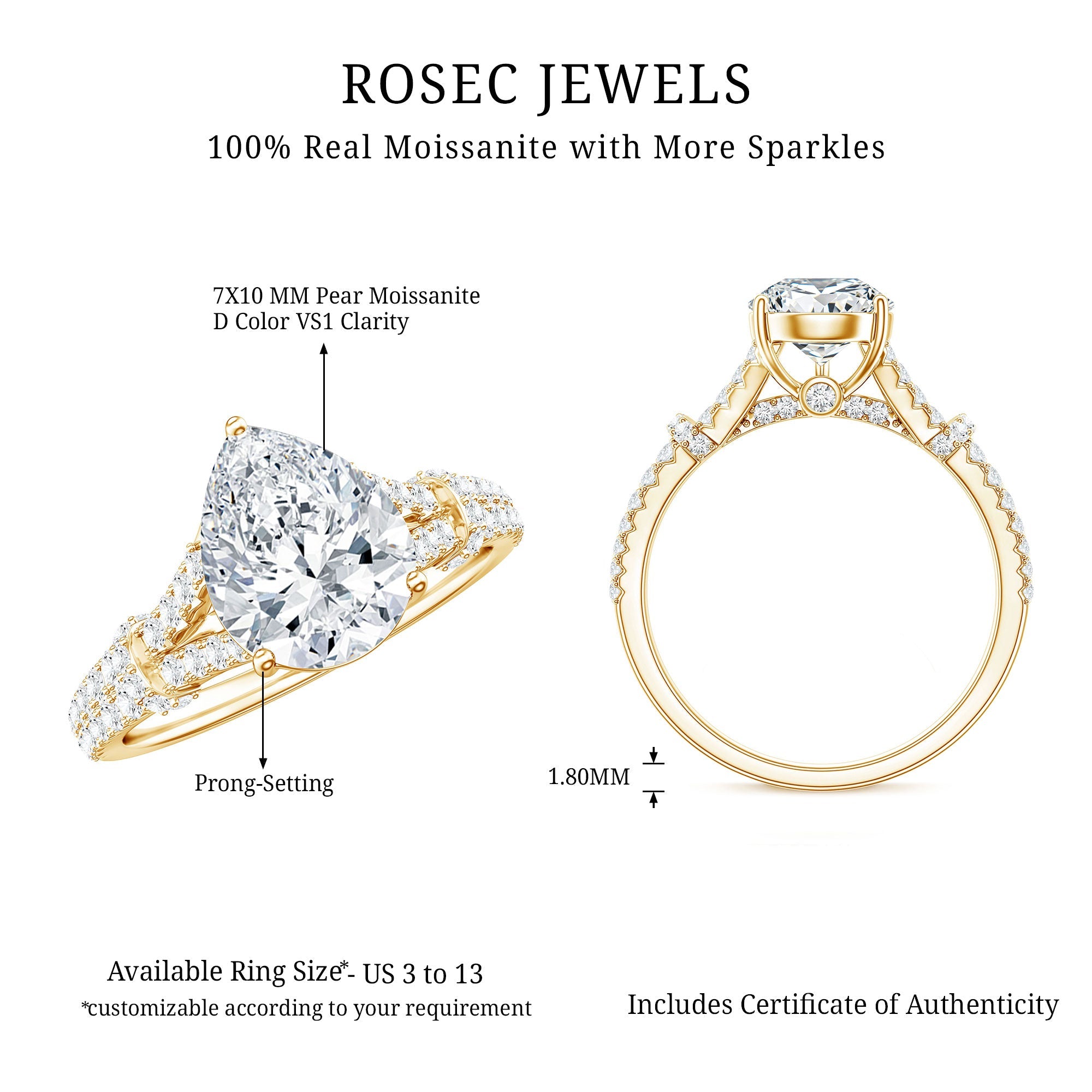 Pear Shaped Moissanite Solitaire Engagement Ring in Split Shank