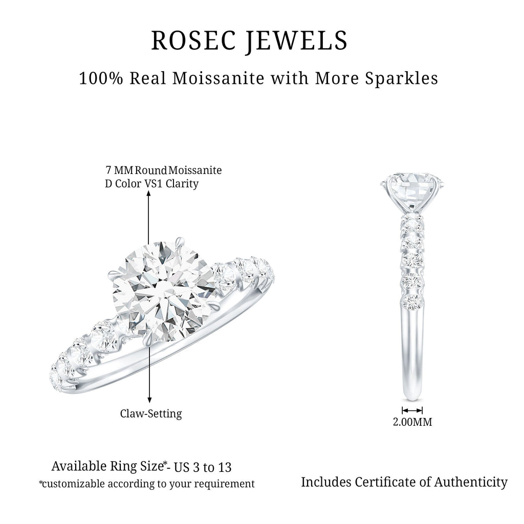 Round Cut Moissanite Solitaire Engagement Ring with Side Stones