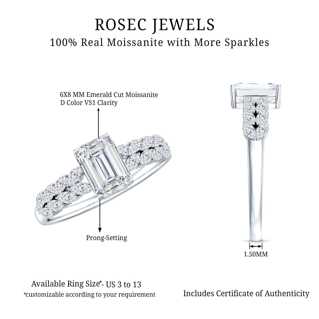 Certified Moissanite Emerald Cut Engagement Ring with Side Stones