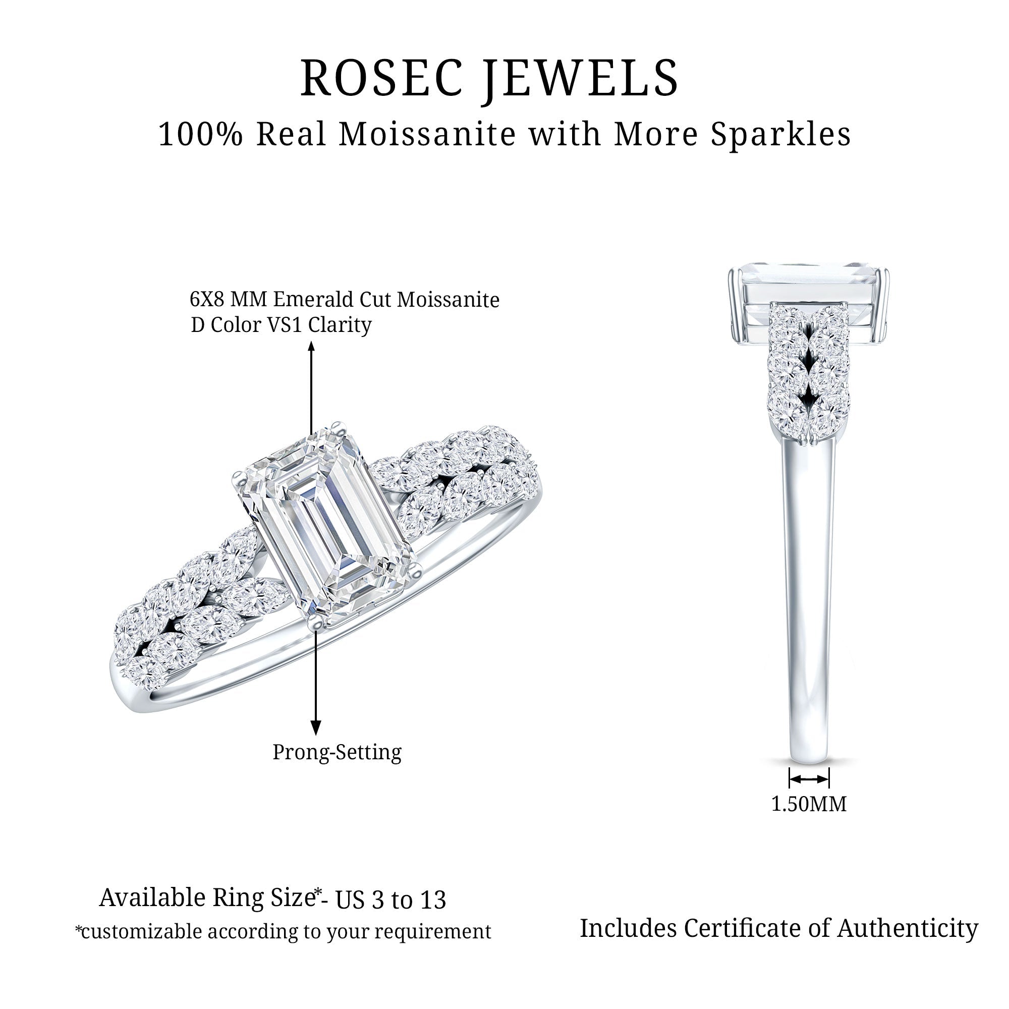 Certified Moissanite Emerald Cut Engagement Ring with Side Stones