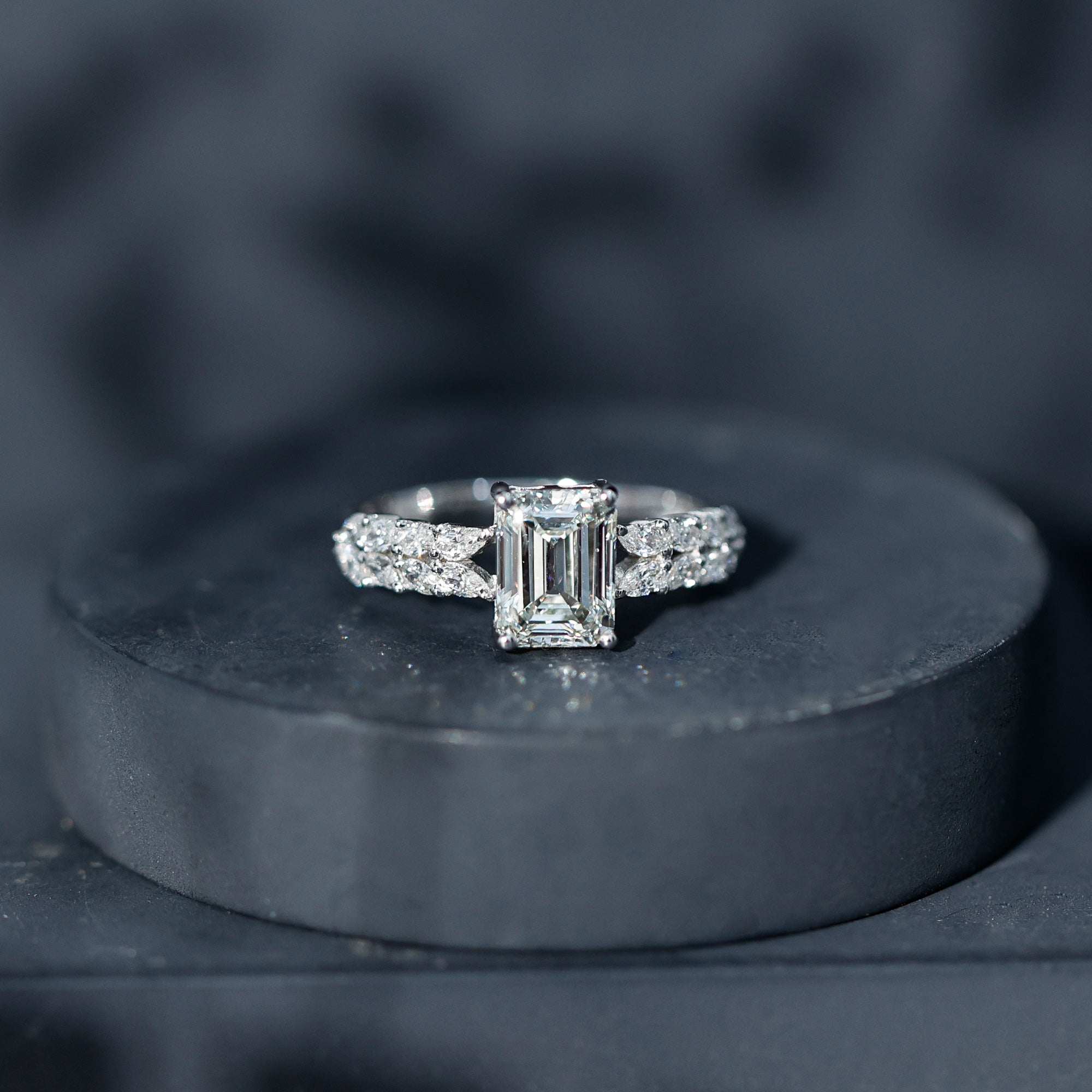 Certified Moissanite Emerald Cut Engagement Ring with Side Stones
