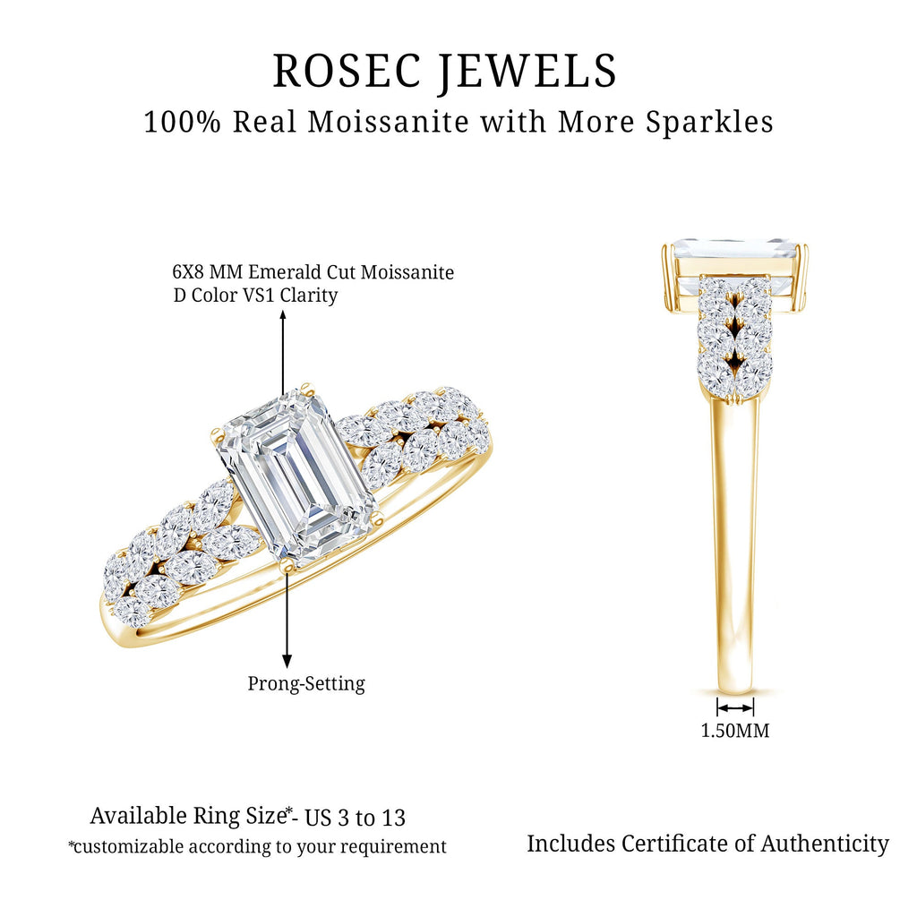 Certified Moissanite Emerald Cut Engagement Ring with Side Stones