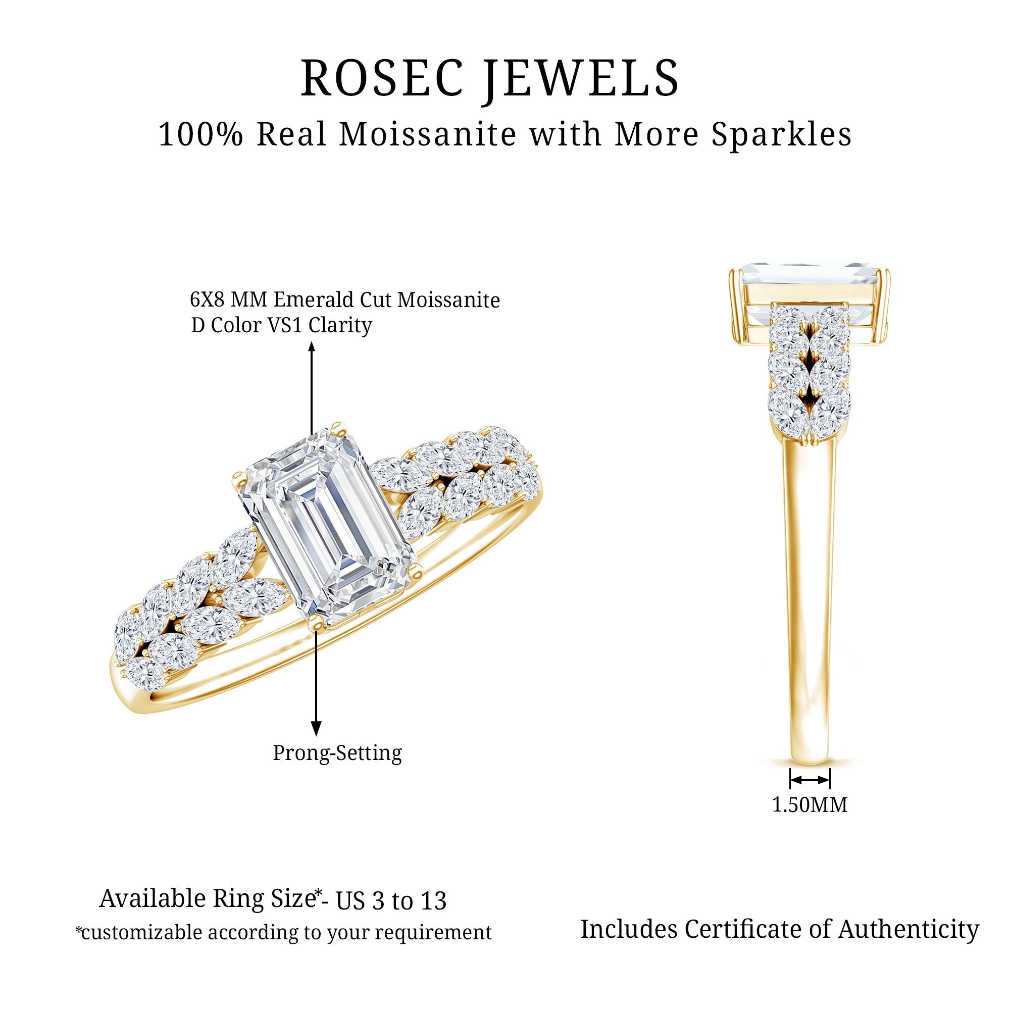 Certified Moissanite Emerald Cut Engagement Ring with Side Stones