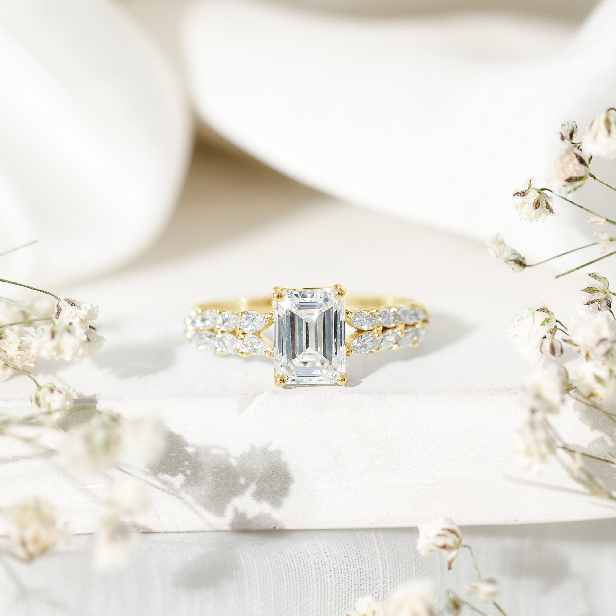 Certified Moissanite Emerald Cut Engagement Ring with Side Stones